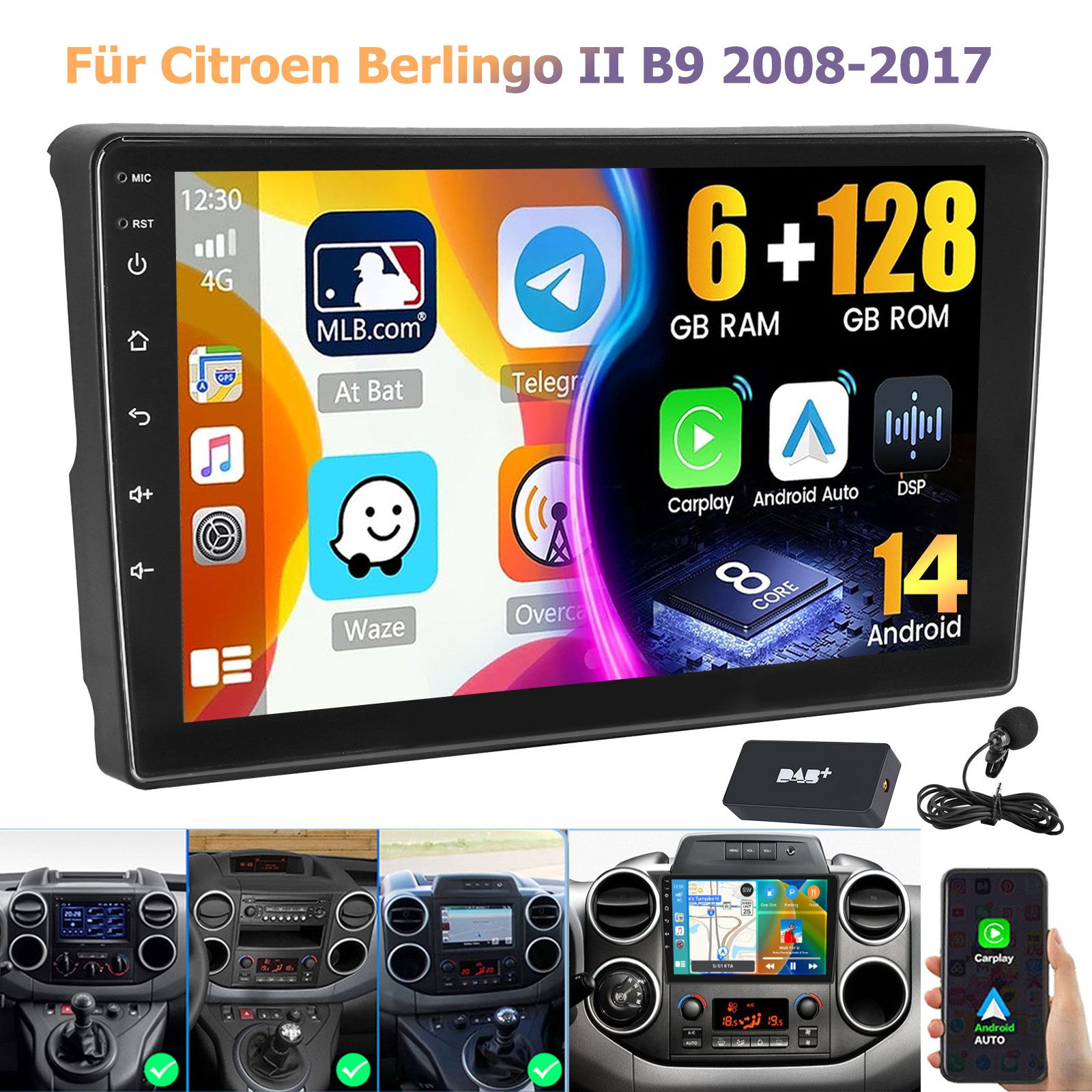 ESSGOO 4G DAB+ CarPlay Android Autoradio Für Citroen Berlingo Peugeot Partner Autoradio (DAB (optional), DAB+ (optional), RDS, 4G LTE, AM, FM, 6GB+128GB, Carplay Android Auto Bluetooth EQ USB GPS Navi WIFI Touchscreen)