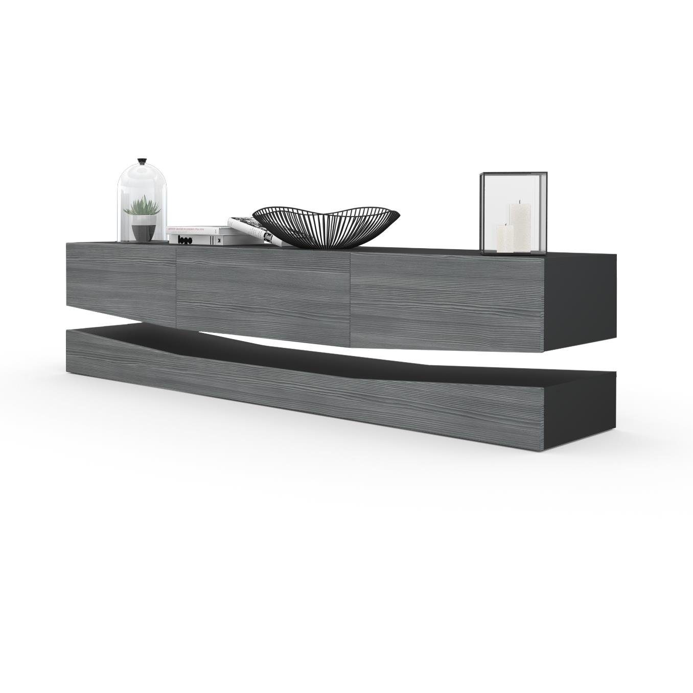 Vladon Lowboard City (TV-Kommode mit Sockelelement, 1 offenem Fach und 3 Schubkästen), Schwarz matt/Avola-Anthrazit (178 x variabel x 39 cm)