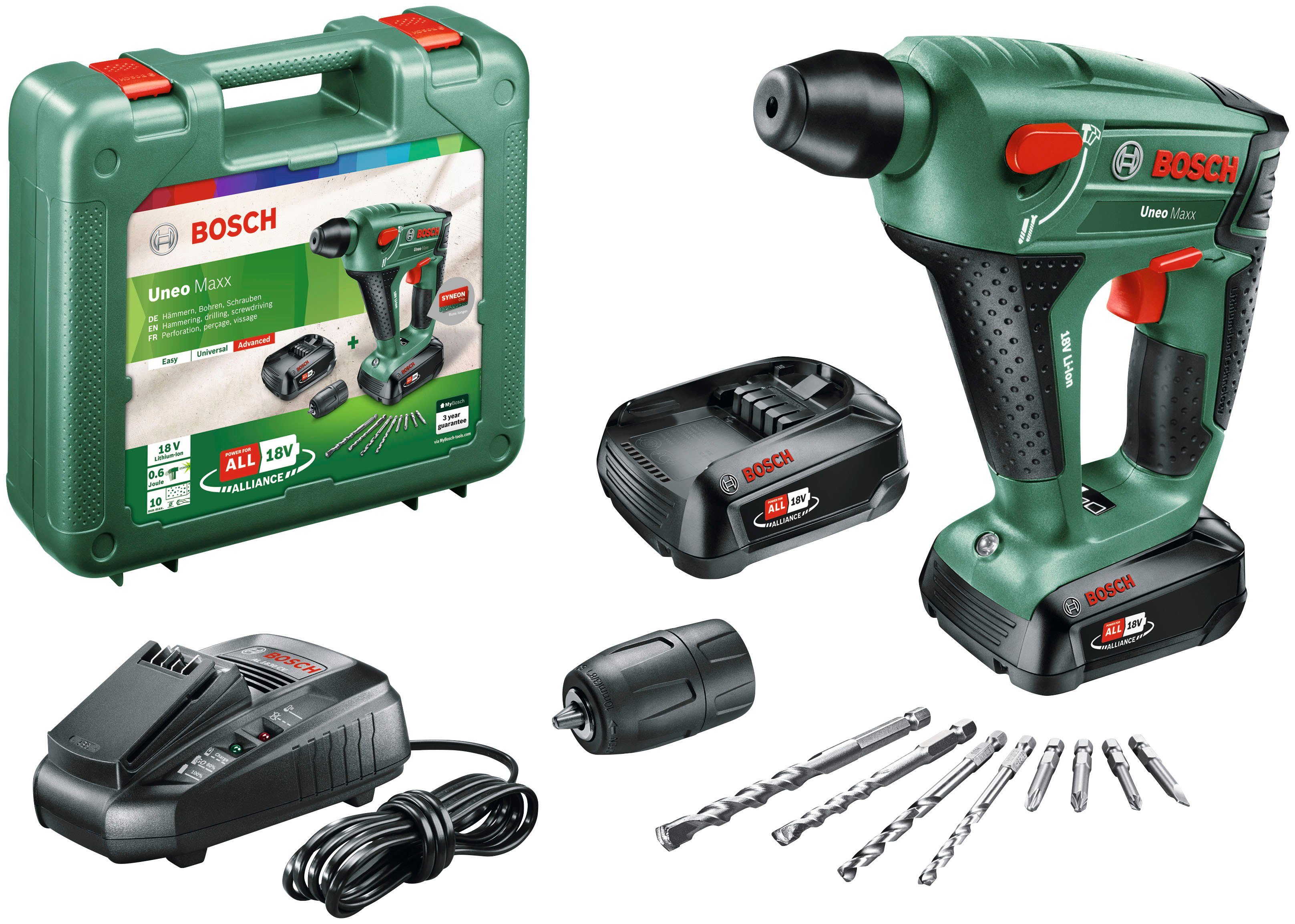 Bosch Home & Garden Akku-Bohrhammer Uneo Maxx, max. 900 U/min, (Set), inkl. 2 Akkus, Ladegerät, Koffer