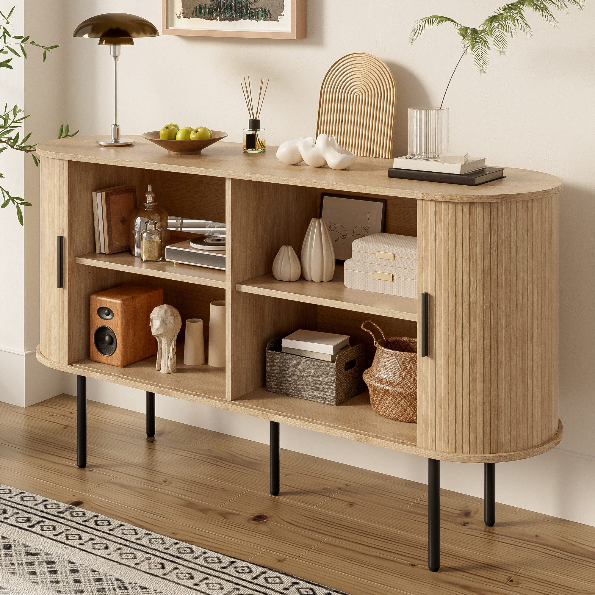 Merax Sideboard in Holzoptik, Schrank Wohnzimmerschrank Anrichte (1 St), Kommode mit Rolltüren, Stauraum und Metallbeinen, 140x40x78cm