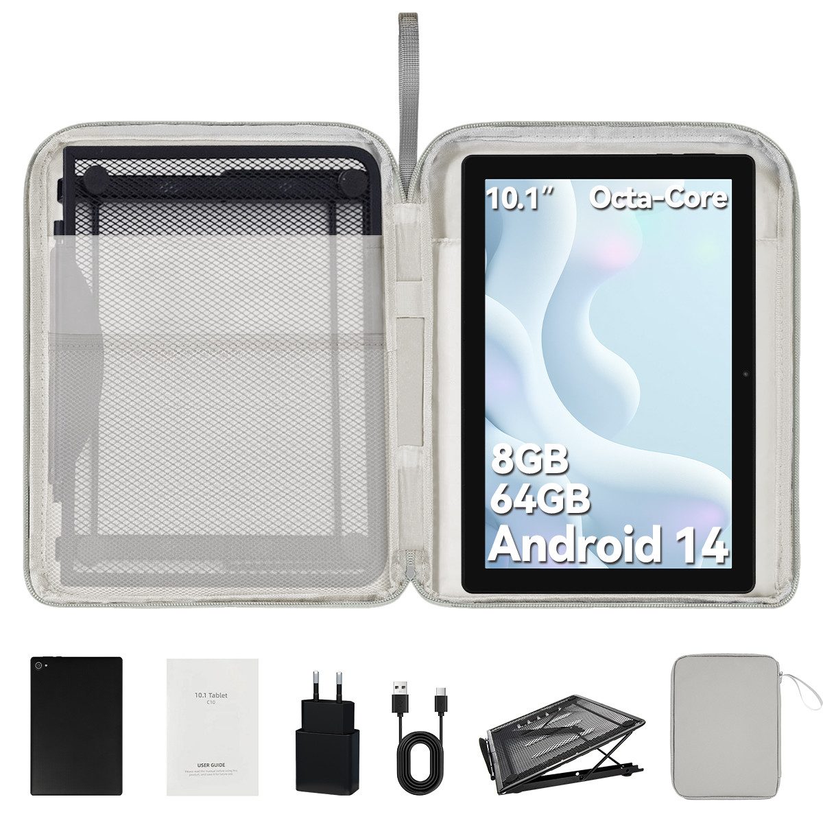Happybe 10'' Android 14, 64GB, 1280x800 HD IPS, Dual-Kamera, Wifi 6, Tablet (10", 64 GB, Android 14, mit Tasche und Ständer, 5G WiFi, Octa Core)