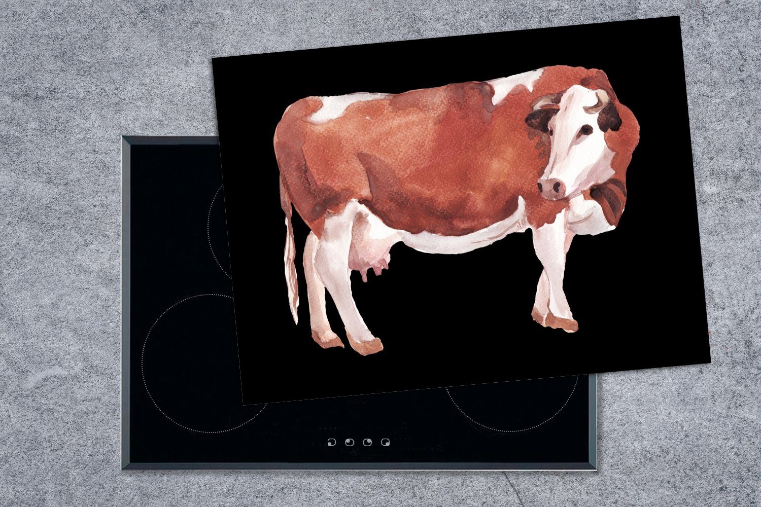 MuchoWow Herdblende-/Abdeckplatte 70x52 Ceranfeldabdeckung Kuh Mobile (1 Zeichnung - Schwarz, cm, nutzbar, Arbeitsfläche Vinyl, tlg), 