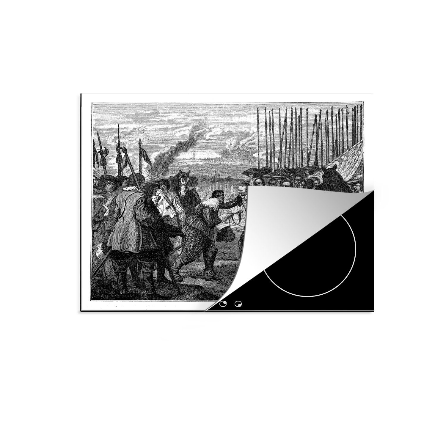 MuchoWow Herdblende-/Abdeckplatte Schwarz-Weiß-Abbildung der Kapitulation 60x52 nutzbar, Breda, Vinyl, Mobile tlg), Arbeitsfläche Ceranfeldabdeckung (1 von cm