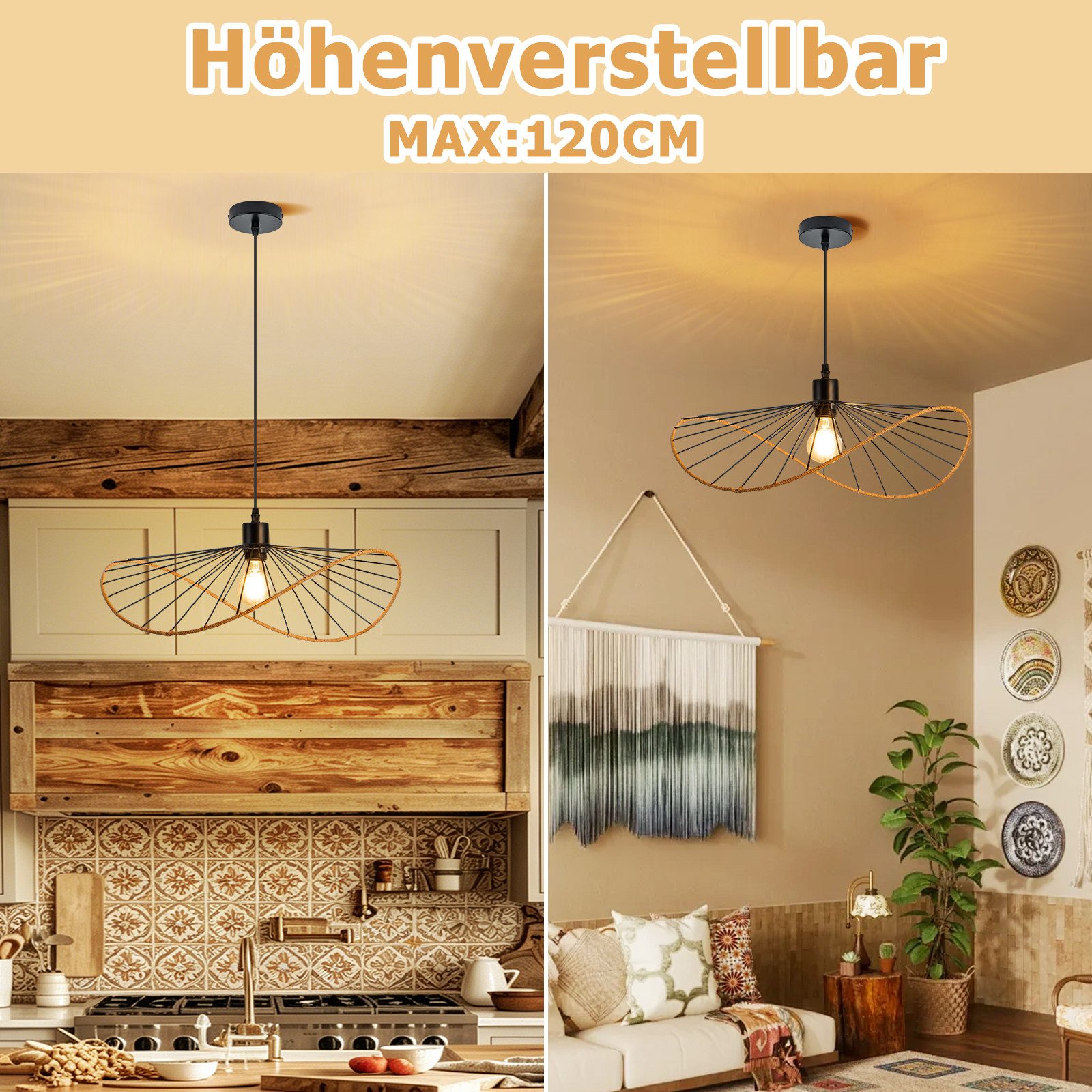 ZMH Pendelleuchte Schwarz Esstisch Hängelampe E27 Retro Wohnzimmerlampe Boho Ø 50cm, ohne Leuchtmittel, Deckenlampe, E27, Hängeleuchte, Hängelampe – Bild 3 von 5