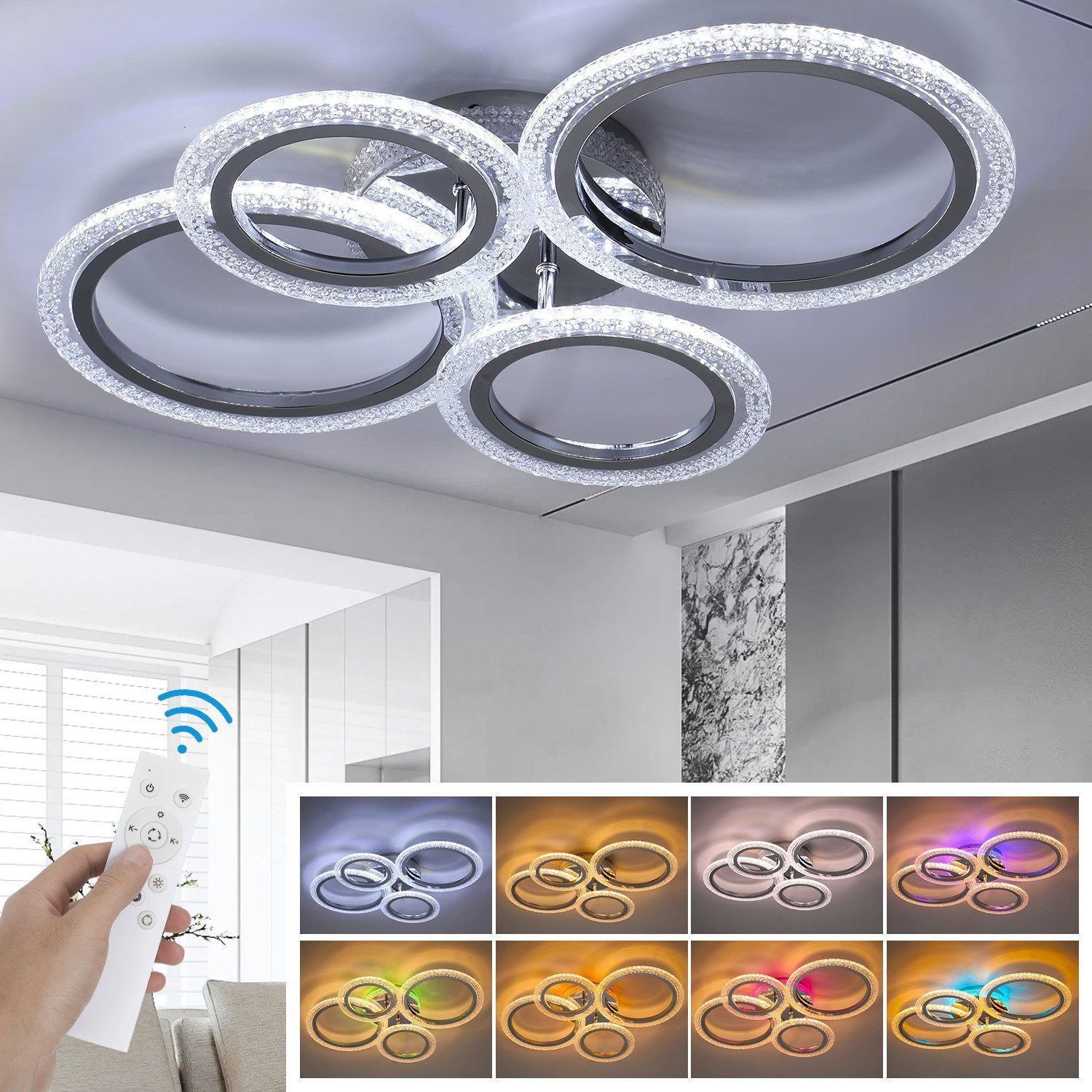 oyajia LED Deckenleuchte 36W Modern 4 Flammig Ringoptik Design deckenlampe, RGB Farbwechsel, LED fest integriert, Warmweiß, Naturweiß, Kaltweiß, RGB, Kristall-Lichteffekt Deckenleuchte rund für wohnzimmer Schlafzimmer