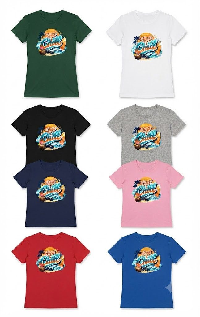 Blondie & Brownie T-Shirt Just Chill Damen Tee Sommermotiv Frontprint Baumwollshirt Rundhals (Einzelstück, Einzelartikel) Just Chill Damen Tee Strandgefühl Printshirt