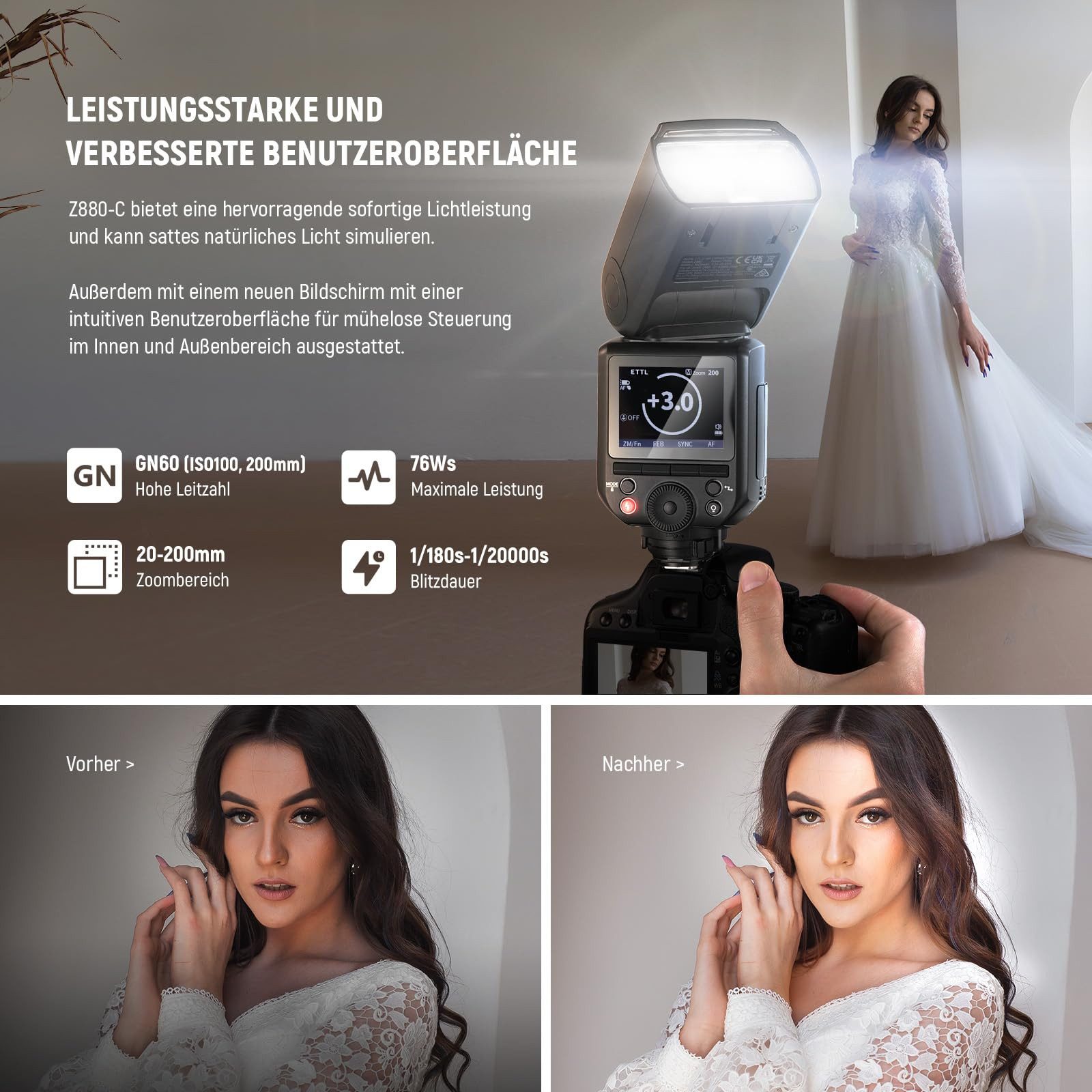 Neewer Z880-C 2,4G 76W TTL Kamera Blitz Speedlite für Canon, mit 1/8000s HSS Blitzgerät, (3000mAh Akku, 600 Volle Leistung Blitze, TTL/M Schnellschalter)