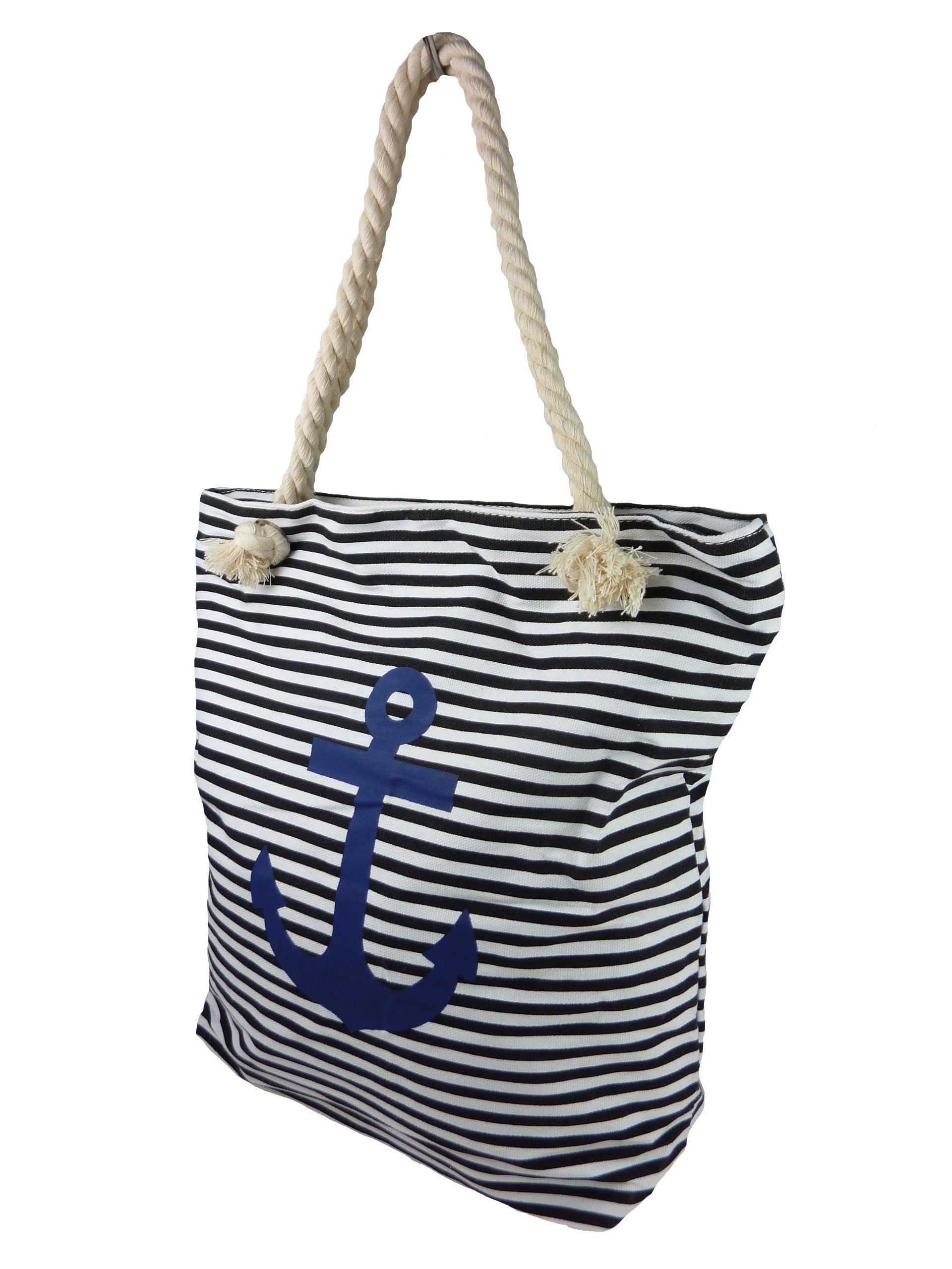 Taschen4life Strandtasche maritime Strand Tasche 1604, gestreift mit Anker Motiv, Stofftasche, Canvas (Segeltuch), mit Reißverschluss