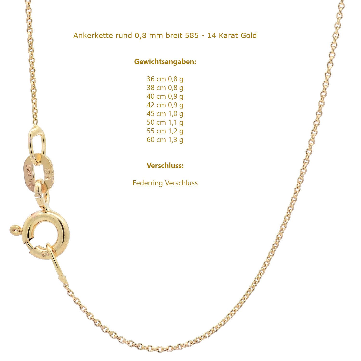 HOPLO Goldkette Goldkette Ankerkette Länge 36cm - Breite 0,8mm - 585-14 Karat Gold, Made in Germany – Bild 2 von 5
