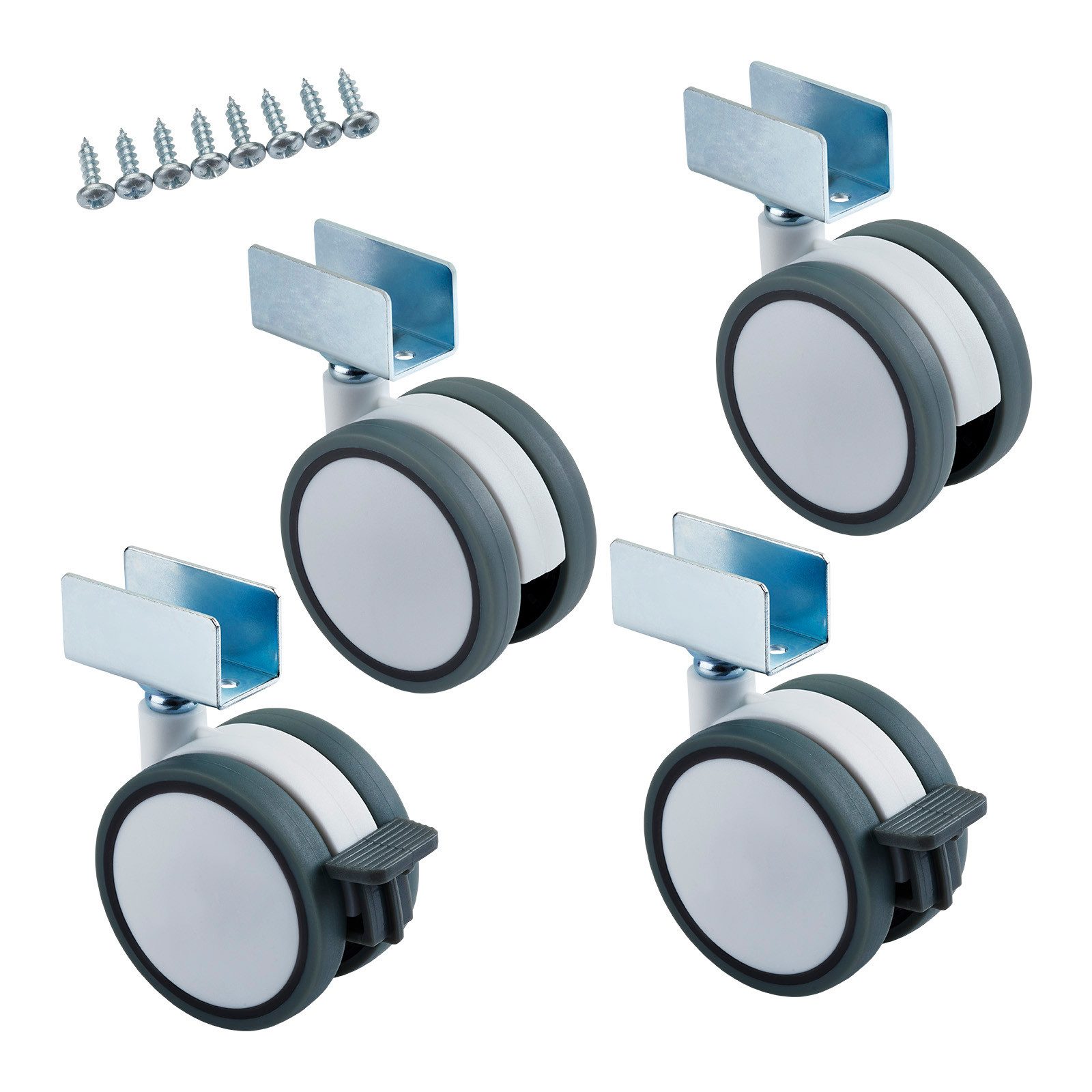 SO-TECH® Möbelrolle Hamm Ø 63 mm, Höhe 74,5 mm, U-Profil für 19 mm Wandstärke, Lenkrolle je 2 x mit / ohne Bremse, weiß/grau