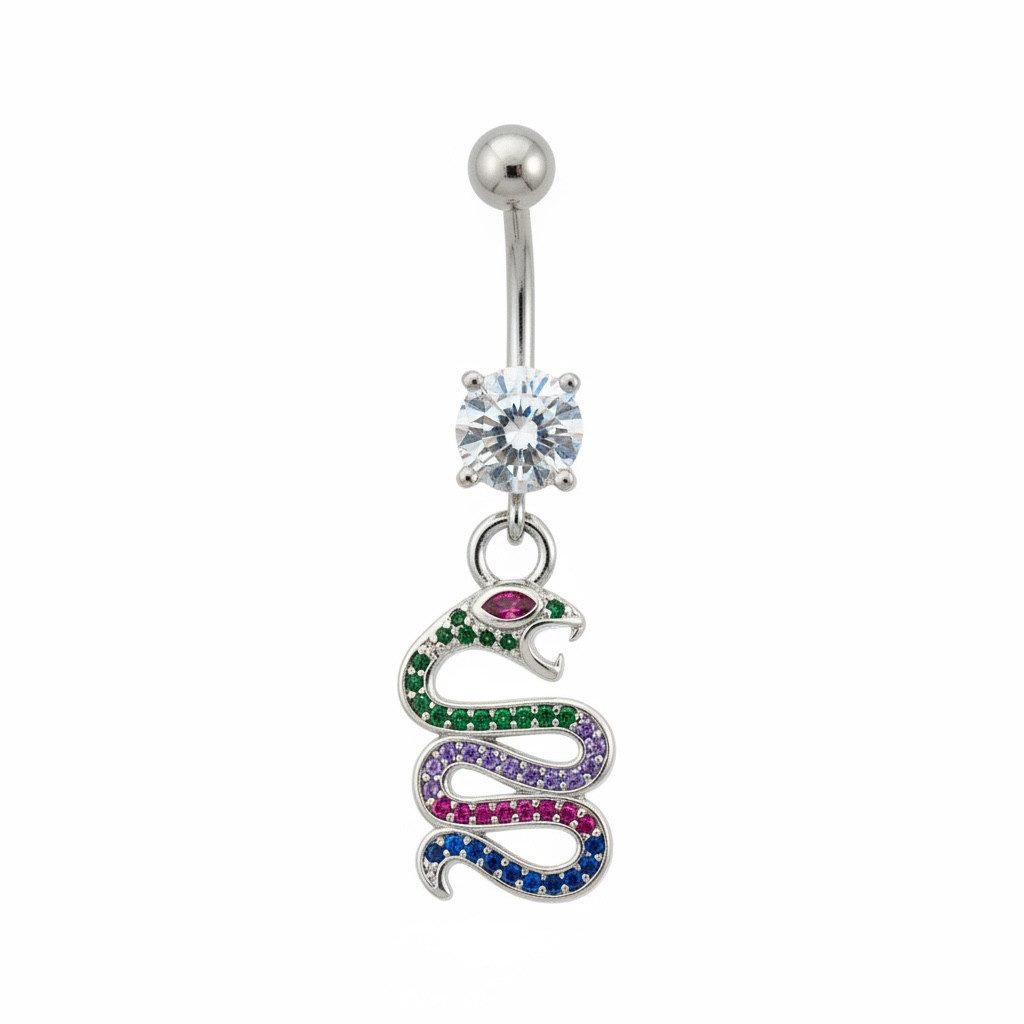 Karisma Schmuck Bauchnabelpiercing hängend Edelstahl Chirurgenstahl 316L Bananabell Piercing mit, Schlange Anhänger Multifarbig Bunt Zirkonia Silberfarben