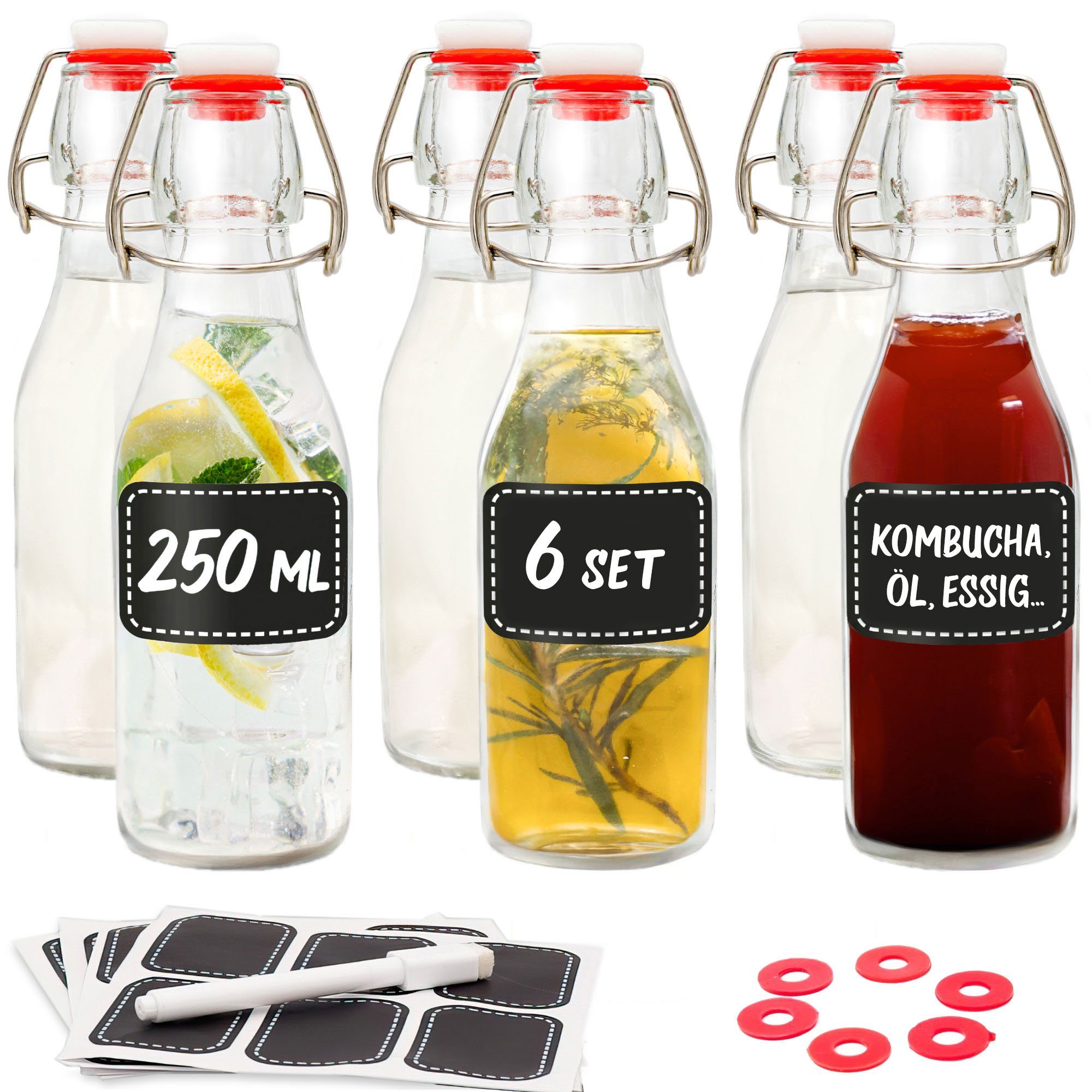 Praknu Trinkflasche 6 Glasflaschen 250ml mit Bügelverschluss, Öl Flasche, Flaschen Aufbewahrung, Likörflaschen, Bügelflasche Set