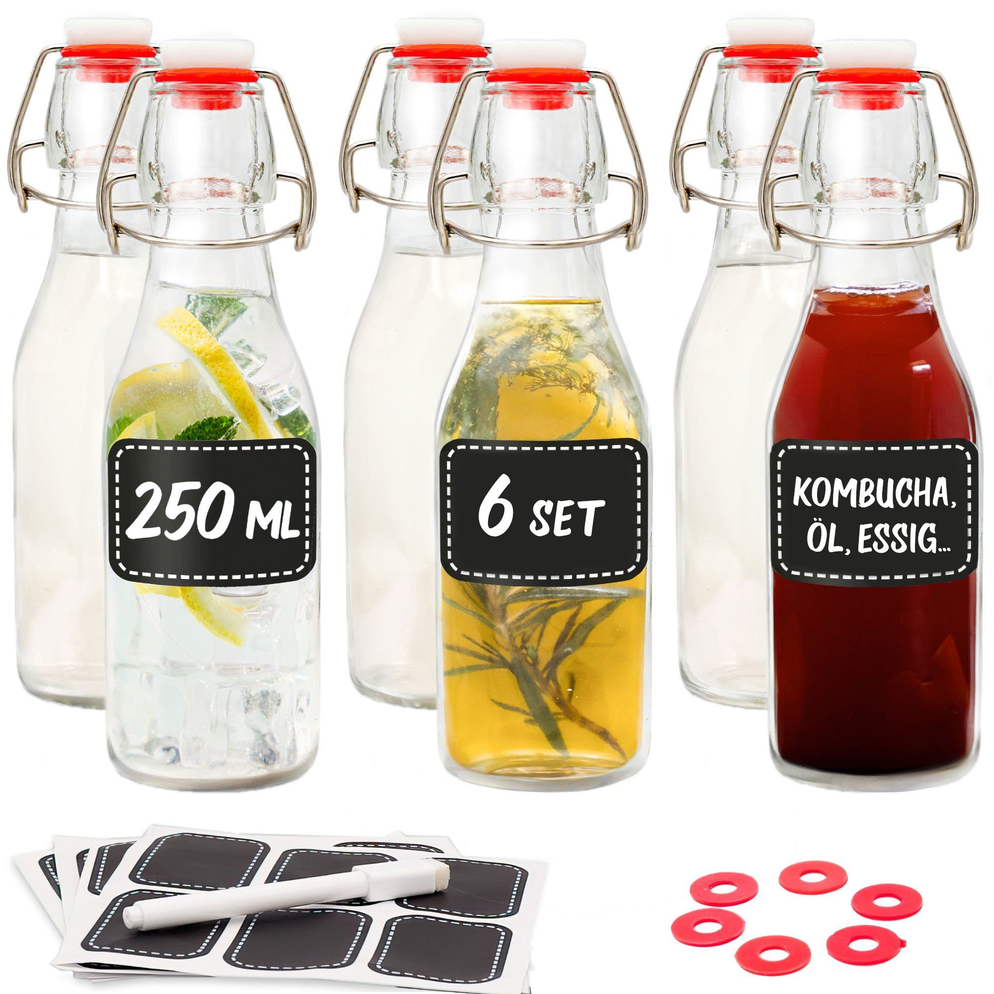 mit 12 Praknu 250ml mit Dichtungen und Bügelverschluss, Stift Glasflaschen 6 Etiketten Extra Trinkflasche 6