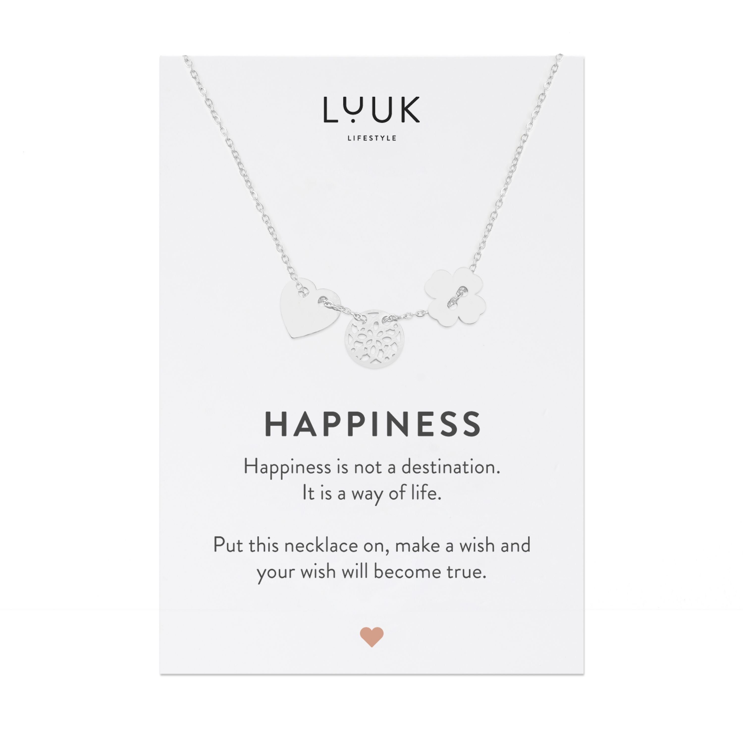 verstellbare HAPPINESS Geschenkkarte, mit Schmuck, Länge, Mandala- Anhänger Anhängern, Kette Design, und LUUK Herz mit Kleeblatt-, LIFESTYLE mit feines Geschenksidee, Glücksbringer, Edelstahl Silber