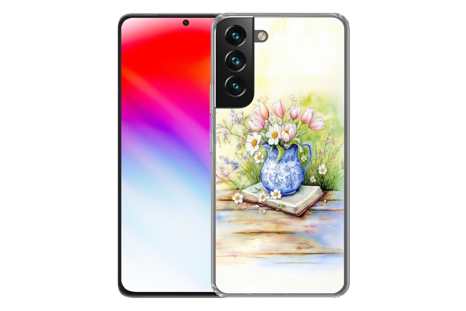 MuchoWow Handyhülle für Samsung Galaxy S22 Plus Vase - Delfter Blau - Gänseblümchen, Phone Case, Silikon, Schutzhülle Dünn