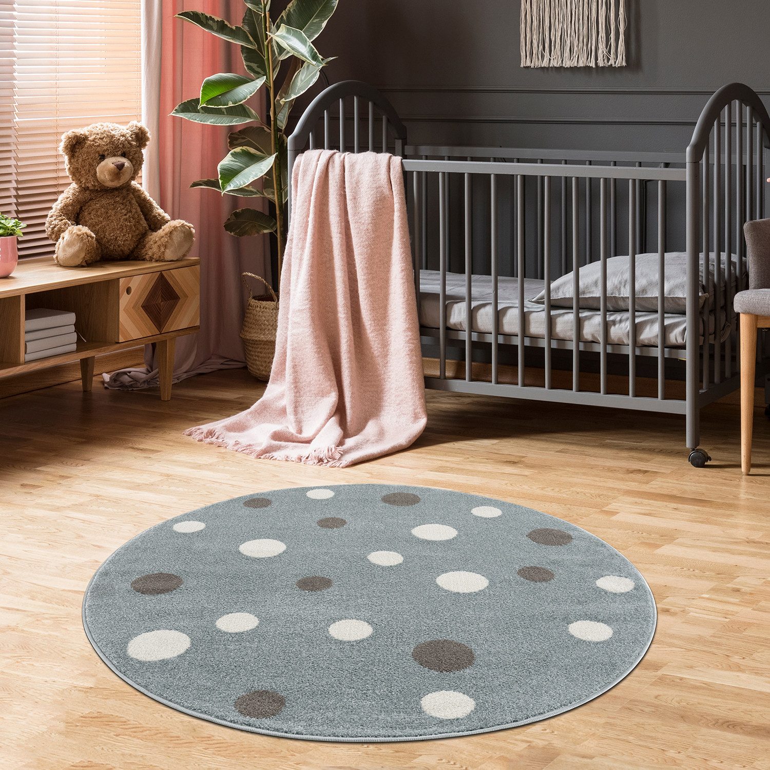 Jimri Kinderteppich DOT´S Teppiche für Kinderzimmer, Kinderzimmerteppich, Teppich, Rund, Regenbogen