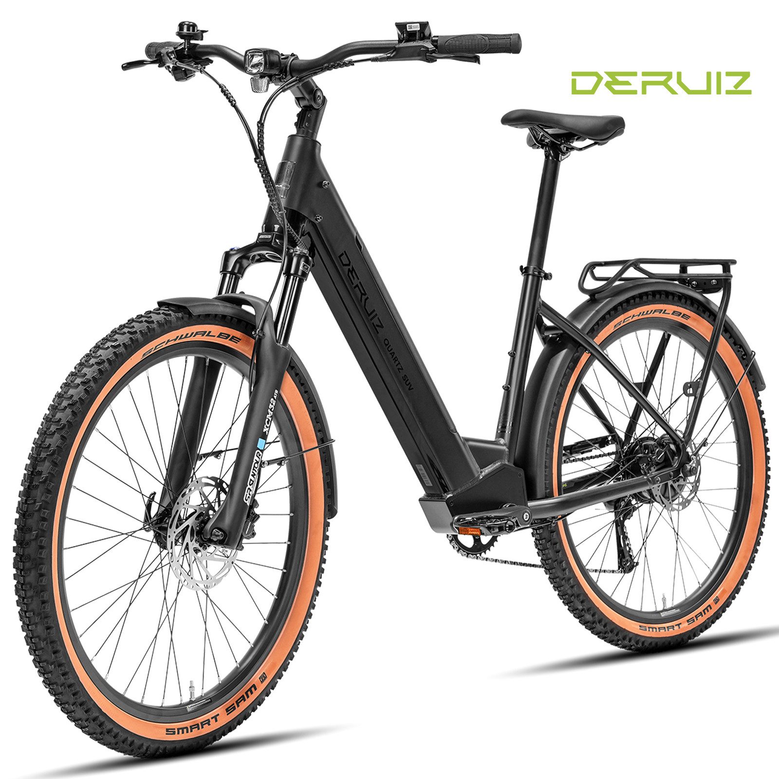 DERUIZ E-Bike Trekkingrad 28 Zoll, Quartz SUV, 644 Wh, 161km, Drehmomentsensor, Tiefeinsteiger, 8 Gang SHIMANO Acera RD-M360 SGS Schaltwerk, Kettenschaltung, Heckmotor, 644 Wh, SHIMANO Acera 8-Gang, Hydraulikbremsen, 100-mm-Federgabel