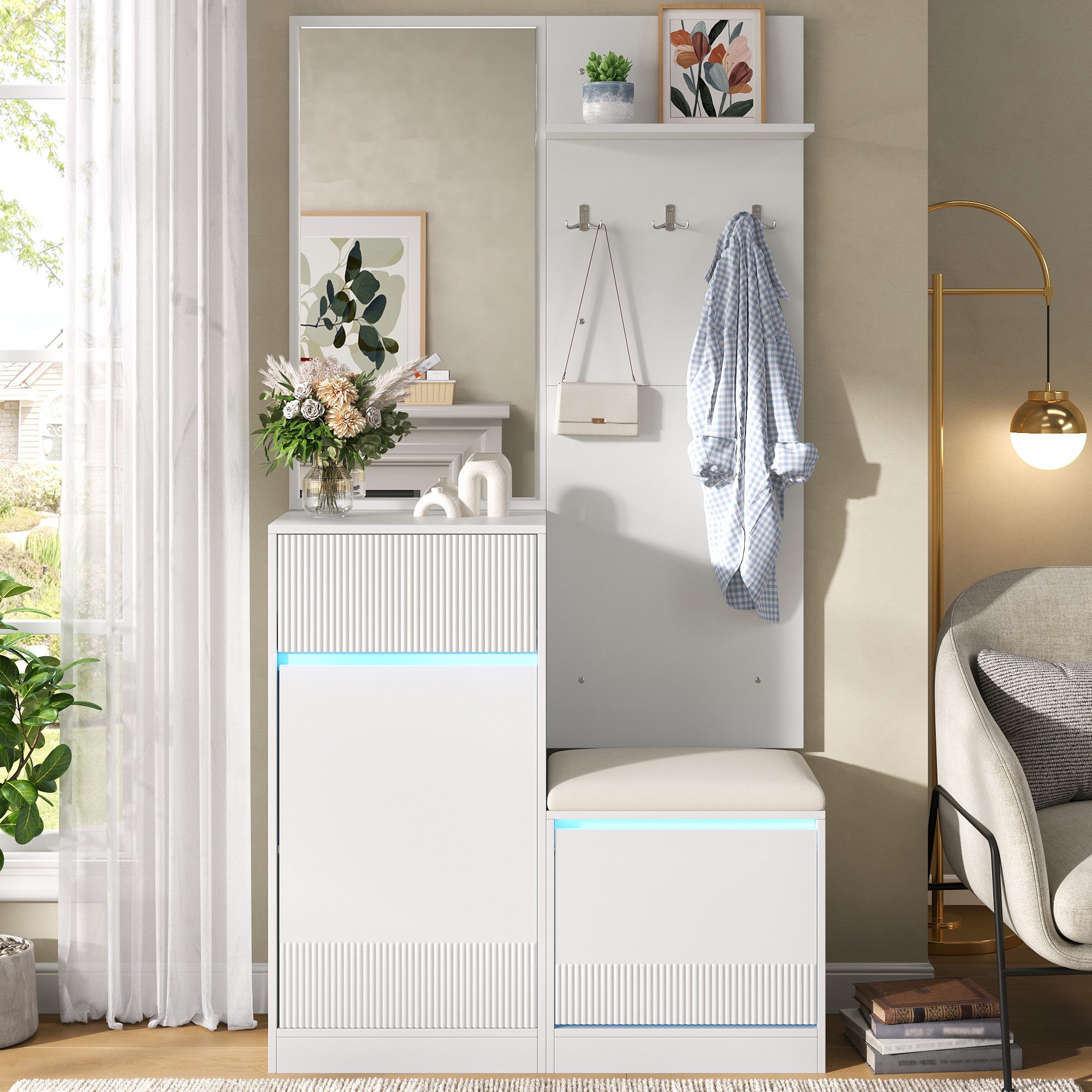 Merax Kompaktgarderobe mit Schuhschrank, Sitzbank, Spiegel, Flurgarderobe mit LED-Beleuchtung (Flurmöbel für Eingangsbereich, 1-St) Garderobenset mit Schuhkipper, Garderobenhaken & Stauraum 105×38×190cm