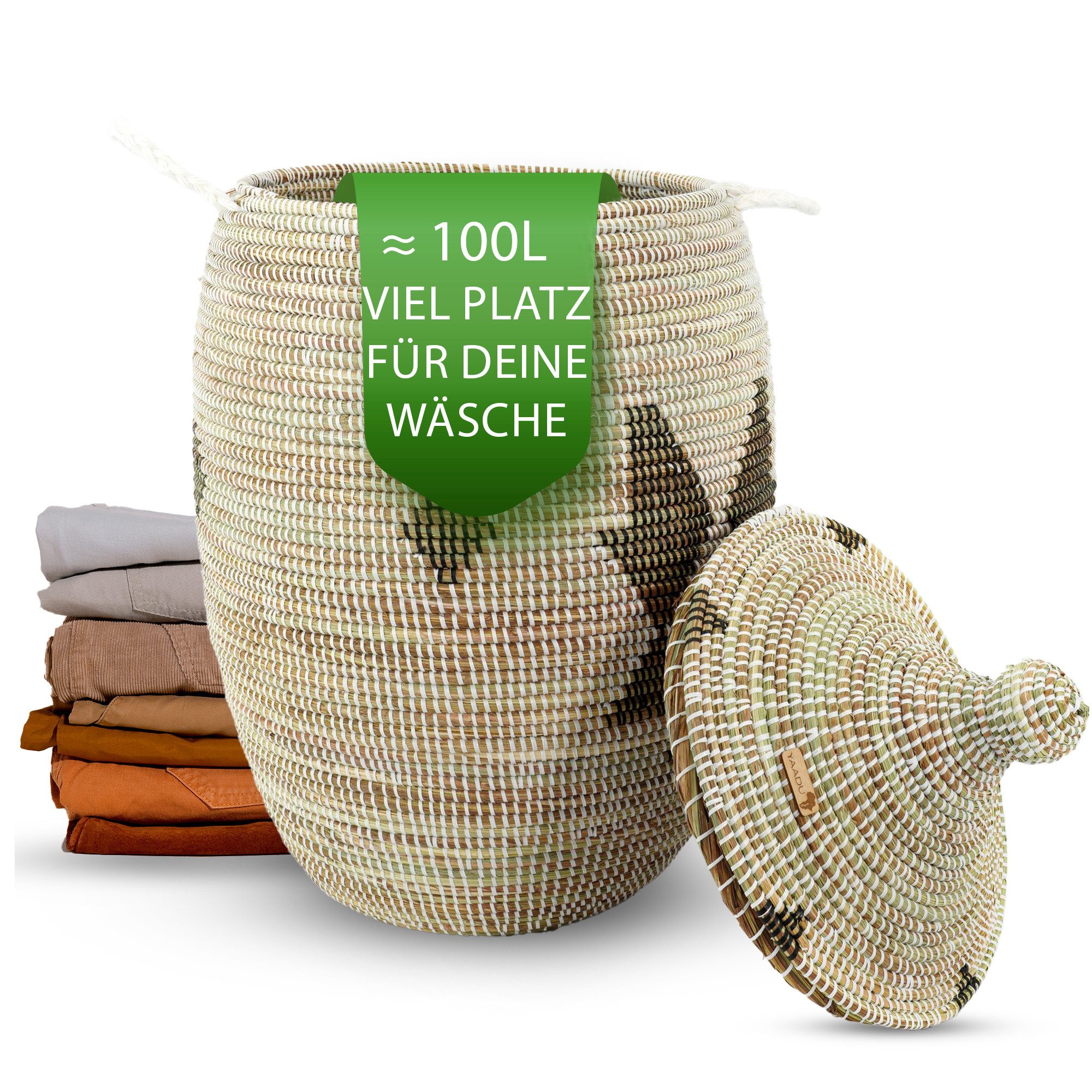 YAADU Wäschekorb mit Deckel 100L – Wäschesammler, Wäschetruhe, Aufbewahrungskorb, Handgefertigt in Afrika aus traditioneller Flechtkunst