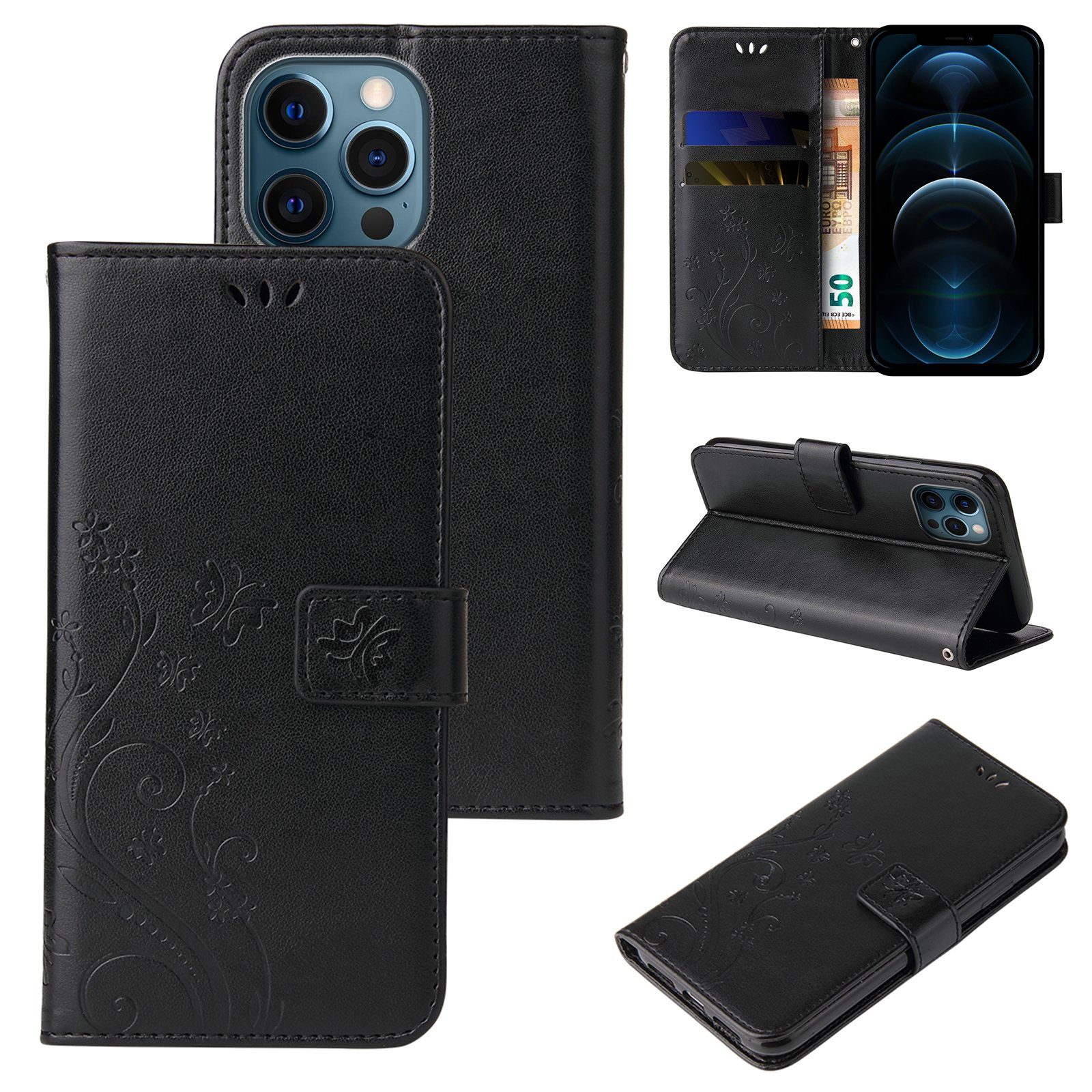 Tec-Expert Handyhülle Cover Tasche Hülle für Apple iPhone 12 Pro 6,1 Zoll, Klapphülle Case mit Kartenfach Fliphülle aufstellbar, Motiv Blumen