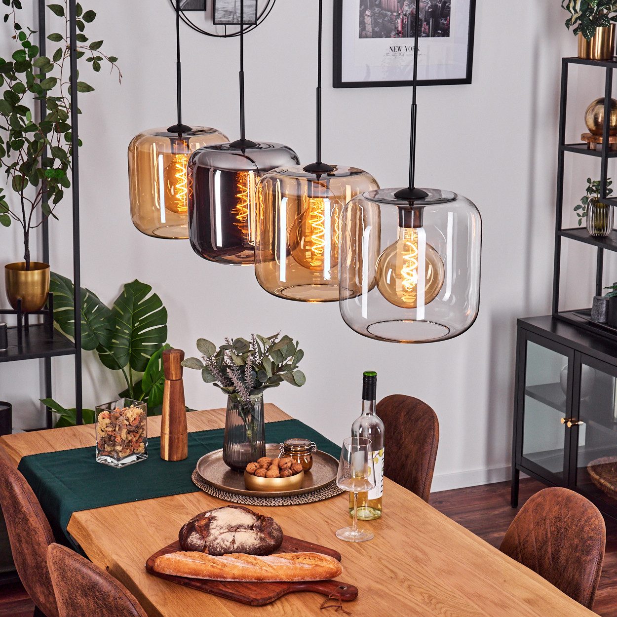 hofstein Hängeleuchte Hängelampe aus Metall/Glas in Schwarz/Bernstein/Chrom günstig online kaufen