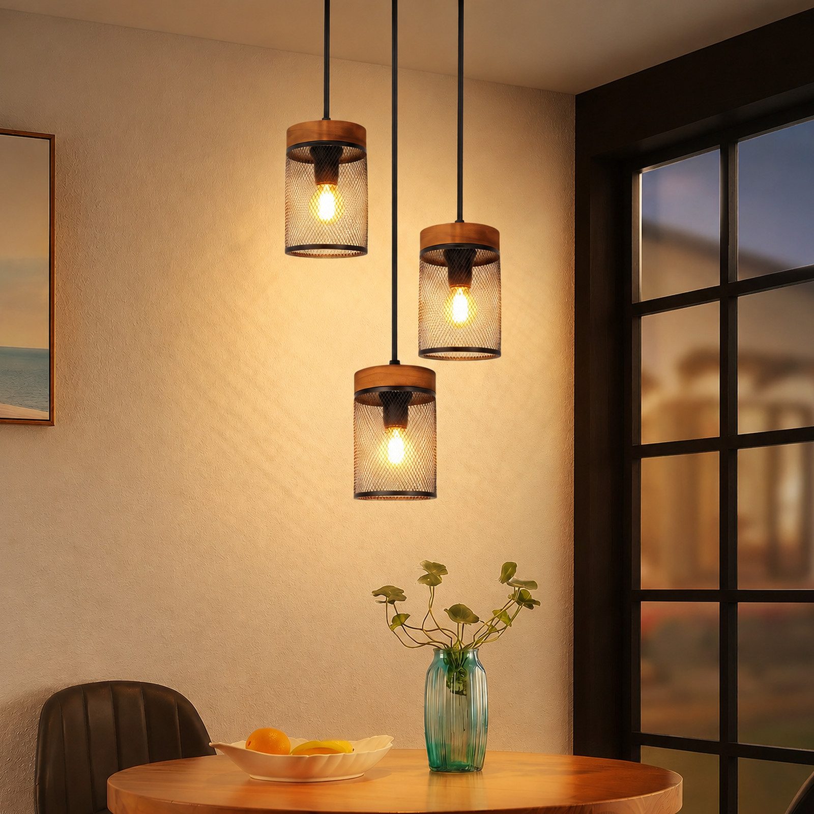 Nettlife Pendelleuchte Vintage Schwarz 1/3/4flammige E14 Industrial Holz Gitter Lampenschirm, ohne Leuchtmittel, Retro Küchenlampe hängend für Esszimmer Küche