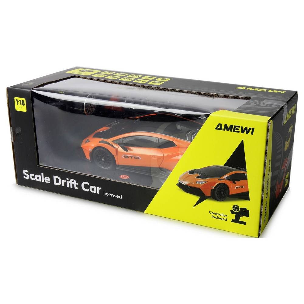 Amewi RC-Auto Lamborghini Huracan STO Drift Car Orange Brushed 1:18 RC Modellauto, inkl. Akku und Ladekabel, inkl. Batterien, Spar-Set