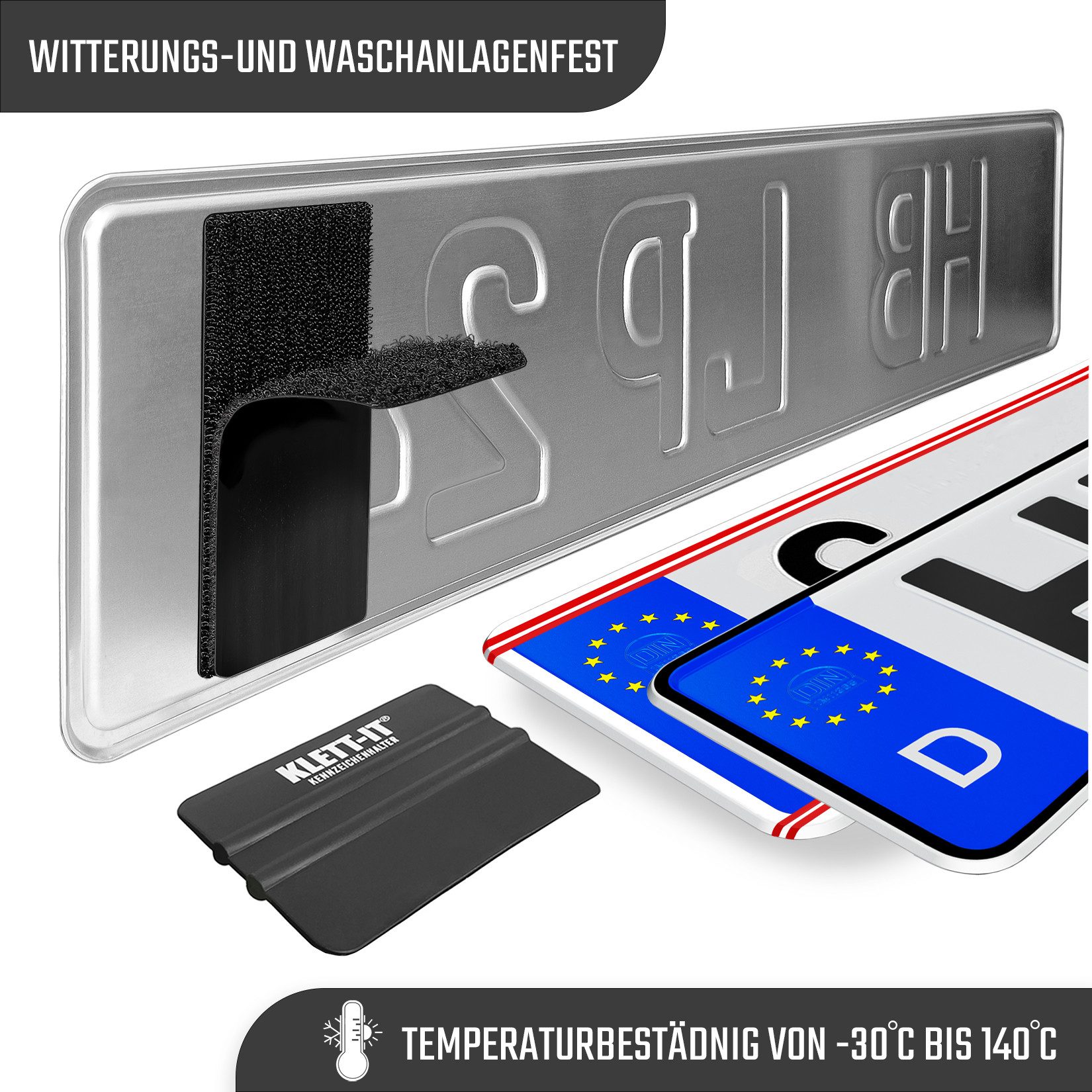 L & P Car Design Kennzeichenhalter Kennzeichenhalter rahmenlos Auto Motorrad Roller 4 Stück 10cm x 5,5cm, (2 Paar (4x Klett / 4x Flausch)