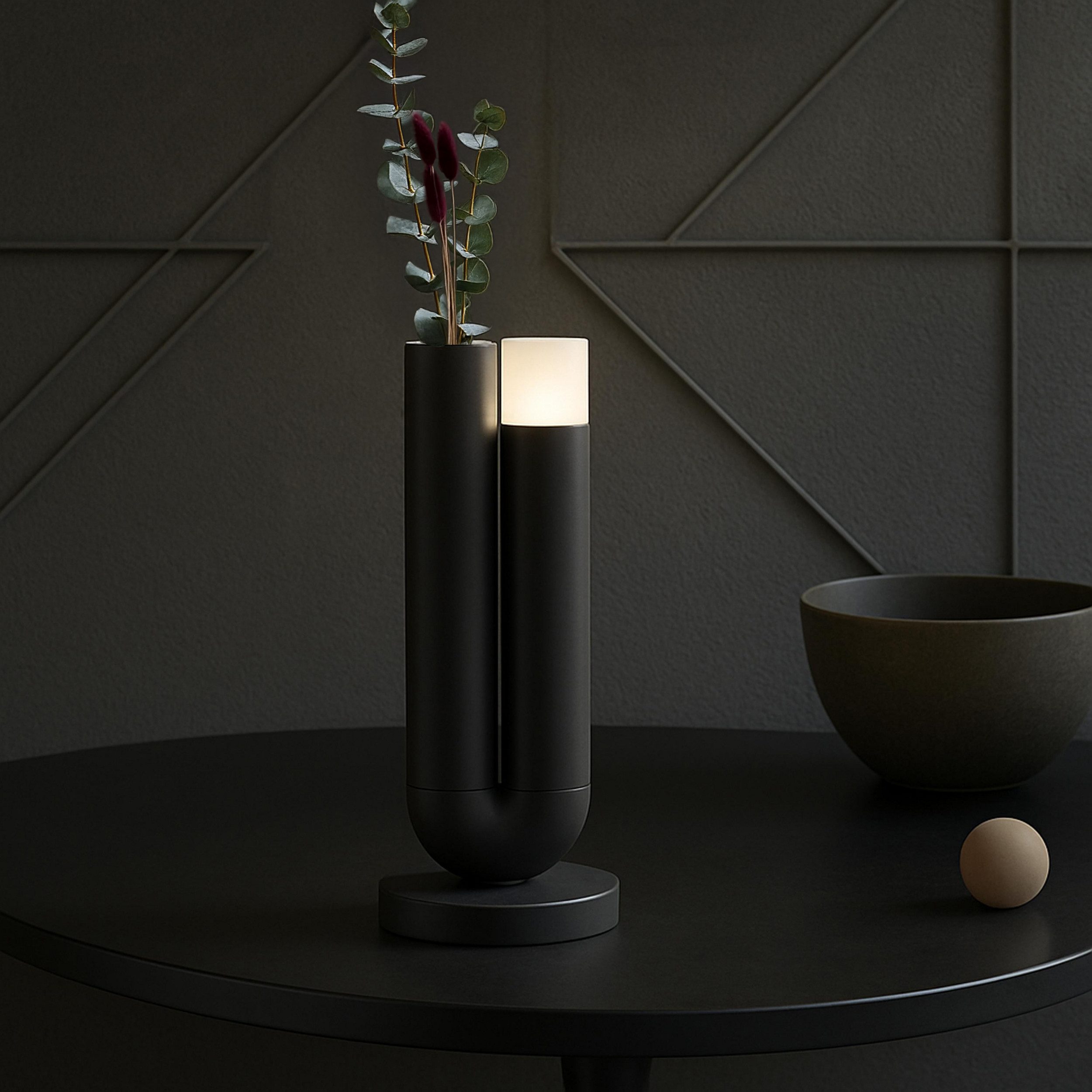 Lightbox Tischleuchte, LED fest integriert, Warmweiß, LED Akku-Tischlampe mit Vase, 27 cm, Wireless Charging, schwarz