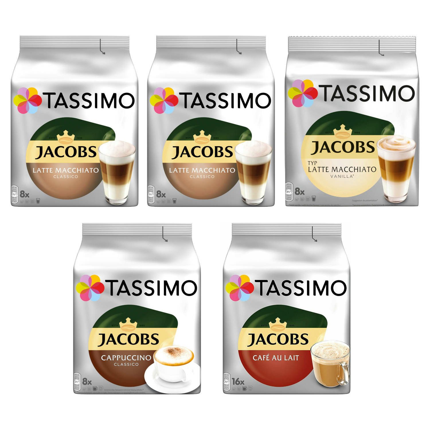TASSIMO Kaffee Kapseln Jacobs Lovers Sorten Kaffeekapseln - 48 Getränke insgesamt, 1240 g, (Packung, 5er Pack)