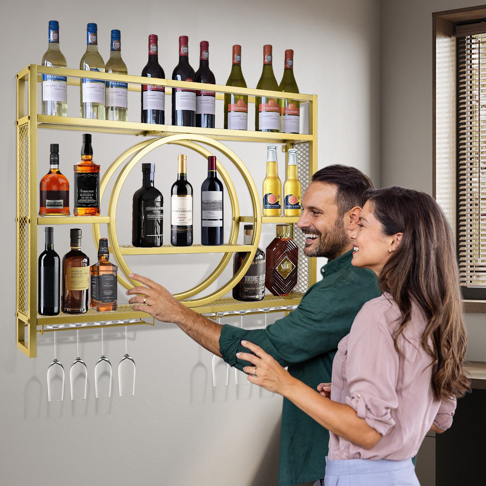XIIW Weinregal 100x80x15cm 3 Ebenen Wandmontage Metall Flaschenregal Weinhalter Gold, 30 Flaschen Wein, Barregal Schwebende Regal mit Weinglashalter, für Küche, Esszimmer, Bar, Deko