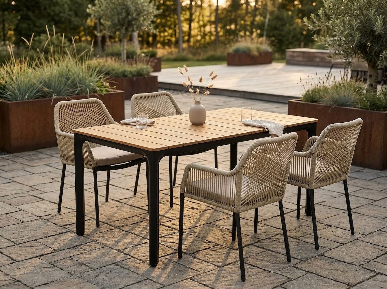 Lesli Living Garten-Essgruppe "Arrezo Eckig" + 4 Geflecht-Stühle, Polywood Teakholzlook, Aluminium, Sitzkissen, Geflochten, Skandi - Boho Stühle, Gartenmöbel-Set, Rope