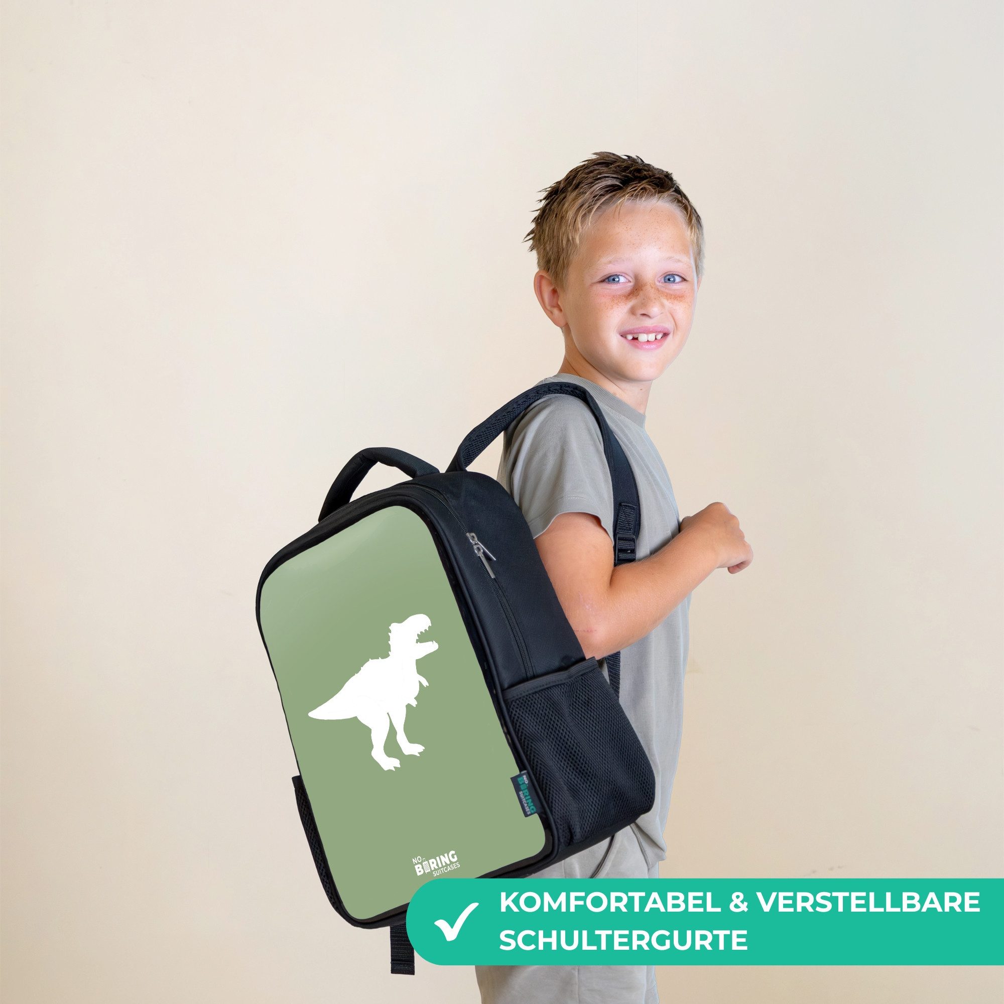 NoBoringSuitcases.com© Rucksack Grün mit T-Rex-Dino, Kinderrucksack Schwarz, Schulrucksack, Freizeitrucksack Jungen Mädchen