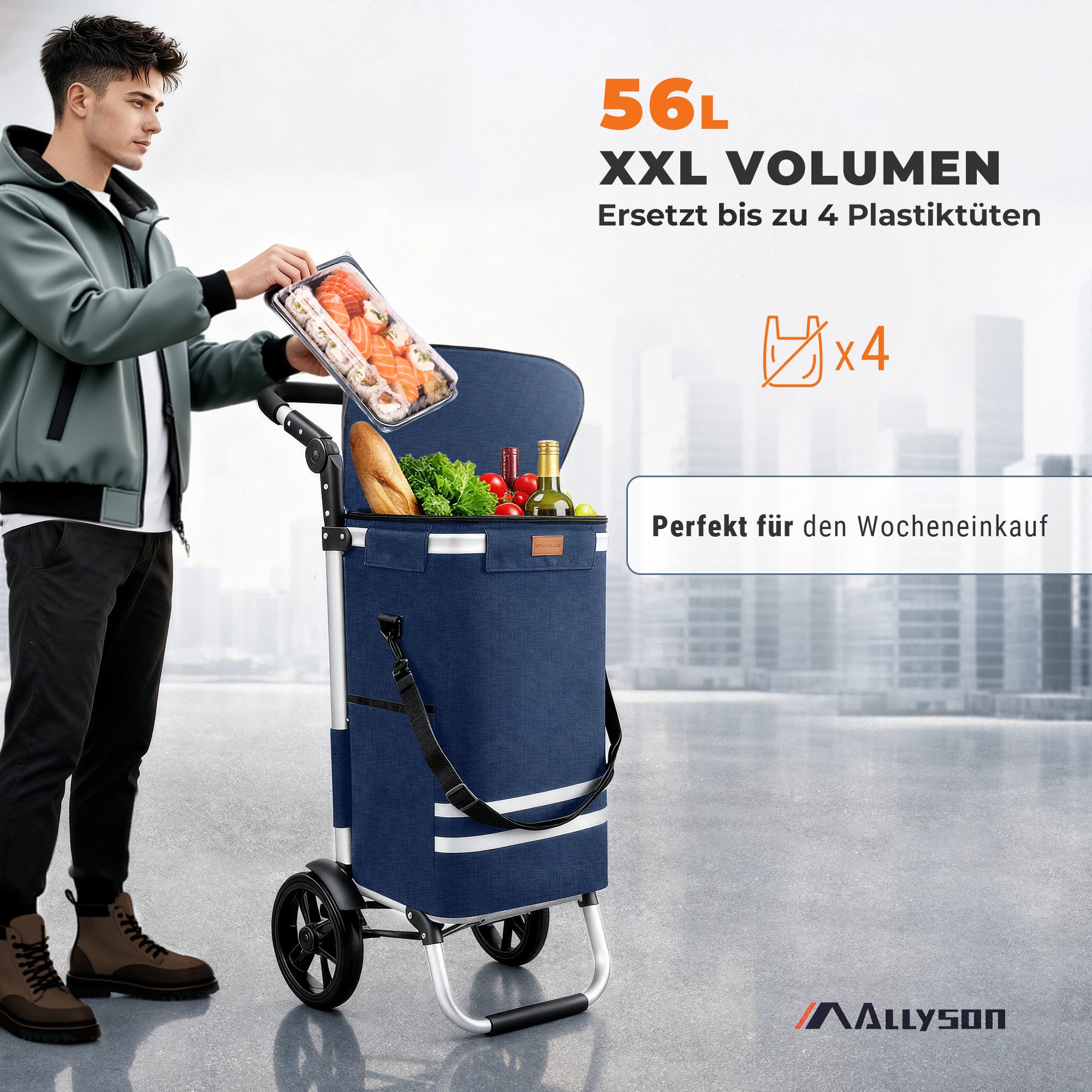 Allyson Einkaufstrolley Einkaufswagen klappbar, Einkauftrolley mit 56L Kapazität & Kühlfach, 2-in-1 Funktion: Tasche abnehmbar, Gestell als Sackkarre nutzbar.
