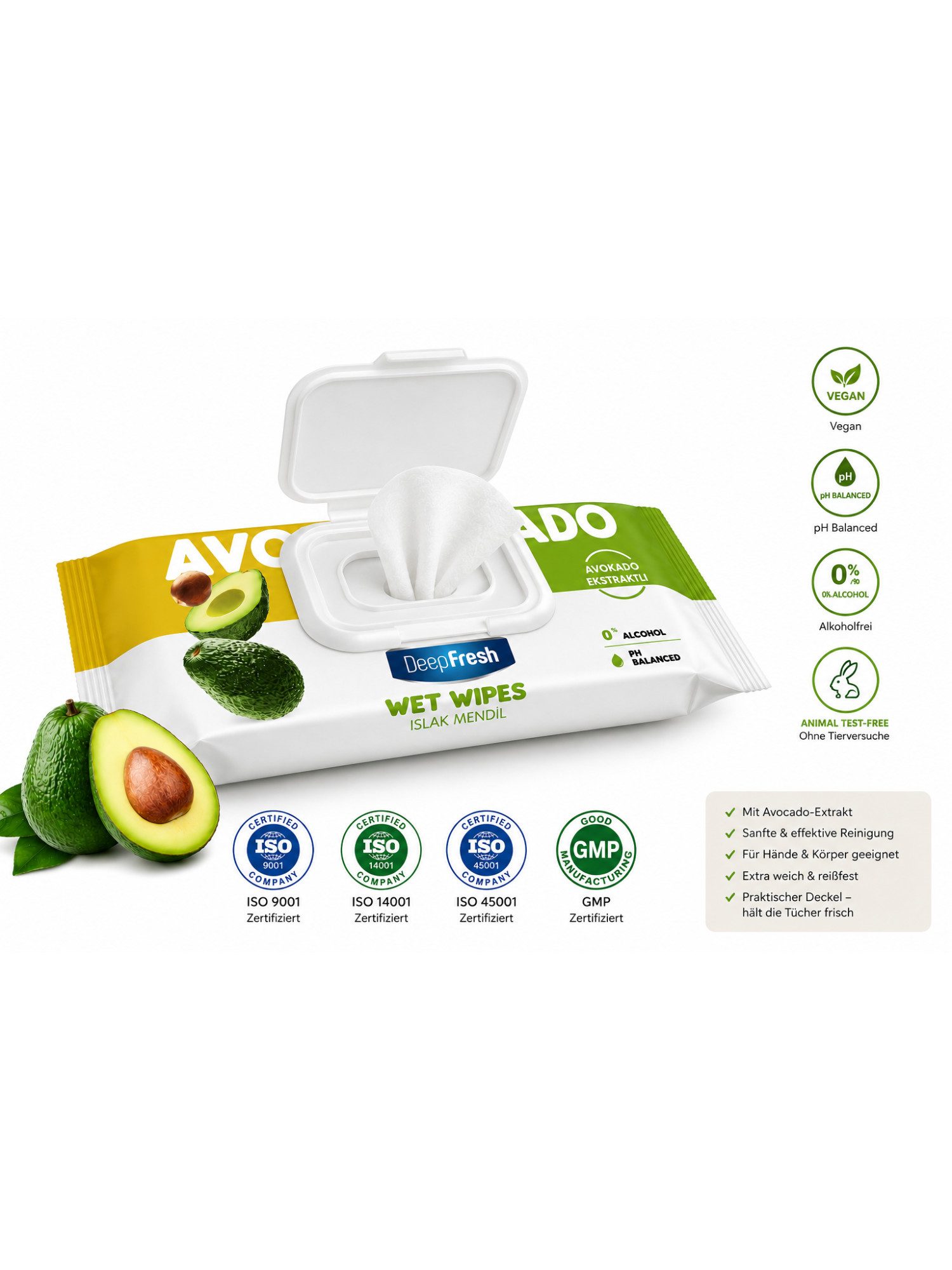 Deep Fresh 120 Tücher mit Klappdeckel, pH-hautneutral, alkoholfrei Reinigungstücher (Avocado, 3-tlg., 1 Packung mit 120 Reinigungstüchern, Alkoholfrei pH-hautneutral Vegan Animal Test Free GMP-zertifiziert)