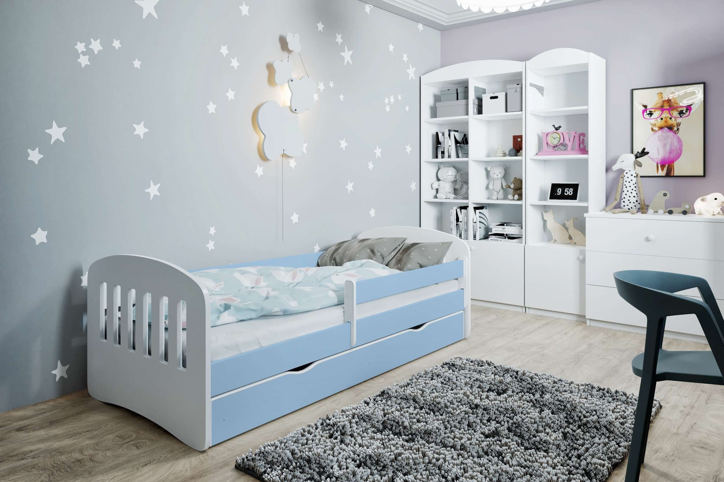 140/160/180 stellbar, Weiß x - Holzwerkstoff, Jugendbett cm, (Kinderbett, Schublade, variabel mit aus Amira für Kinder Hellblau Stylefy Bett), 80