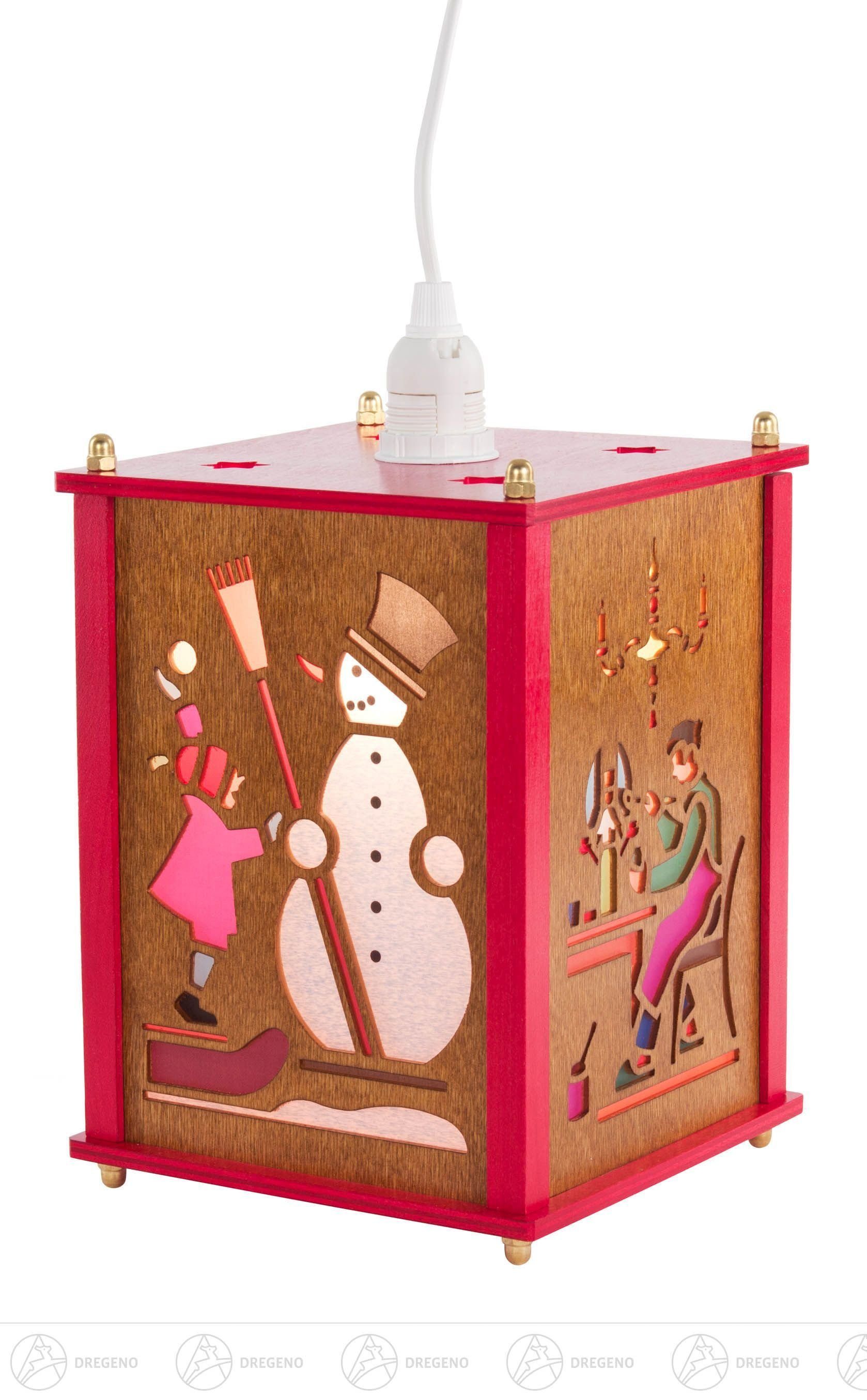 Dregeno Erzgebirge Kerzenlaterne Raumschmuck Laterne mit Haus, Weihnachtsmann, Schneemann und