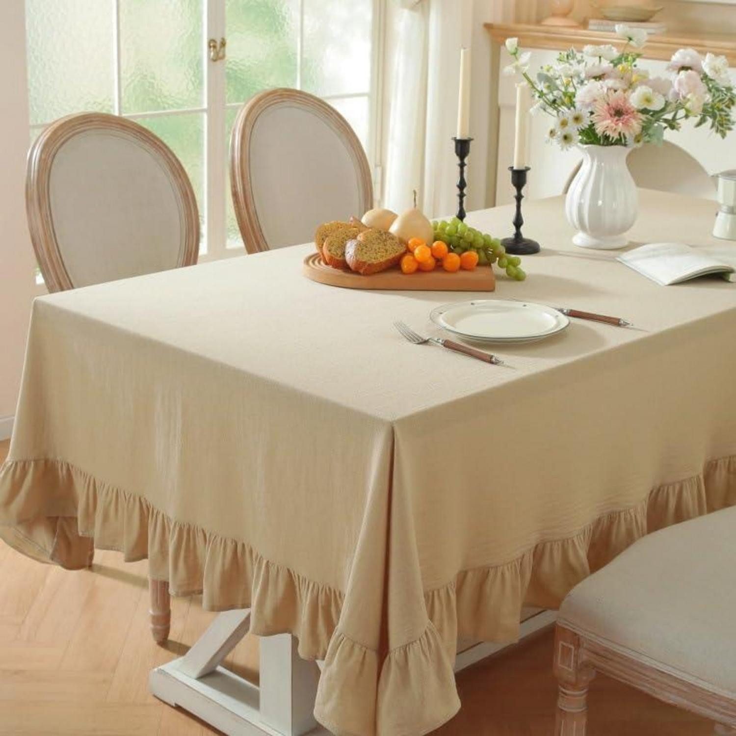 LuxusKollektion Tischdecke Tischdecke Rund 180cm Baumwolle Leinen Rüsche Beige (1-tlg)