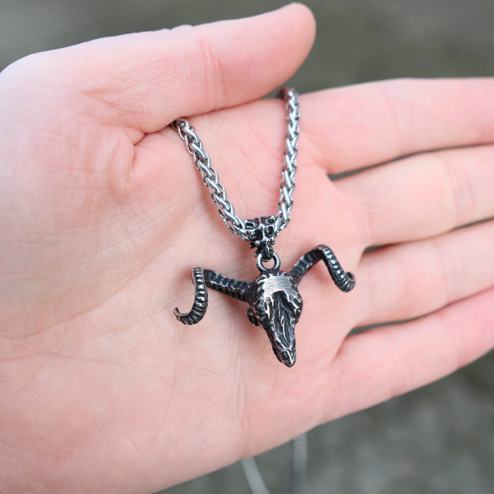 DALMARO Kette mit Anhänger Lederkette Edelstahlkette 316L DÄMON SCHAFKOPF, Herren Halskette Biker / Wikinger Kette - Schmuckbox