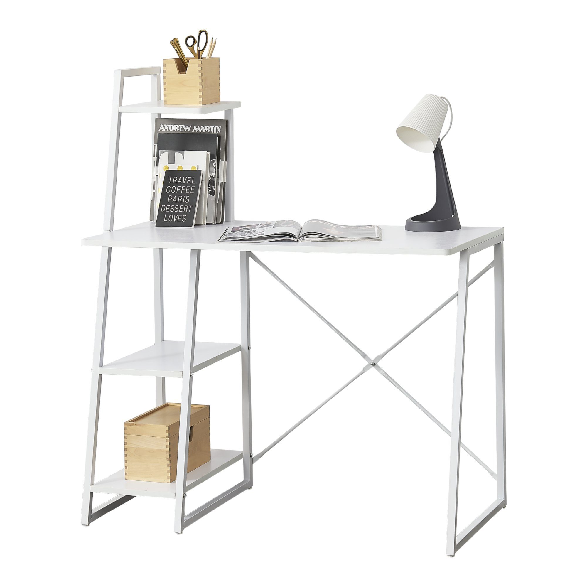 Schreibtisch mit Leiter-Regal Bürotisch Computertisch Arbeitstisch PC Tisch Weiß 