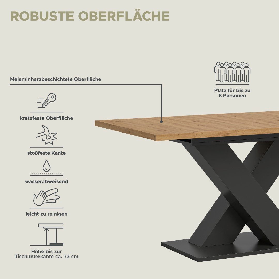 xonox.home Esstisch Esstisch Motion, ausziehbar, X-Fußgestell Eiche / grau, 150(190)x90, Küchentisch, Eiche Artisan