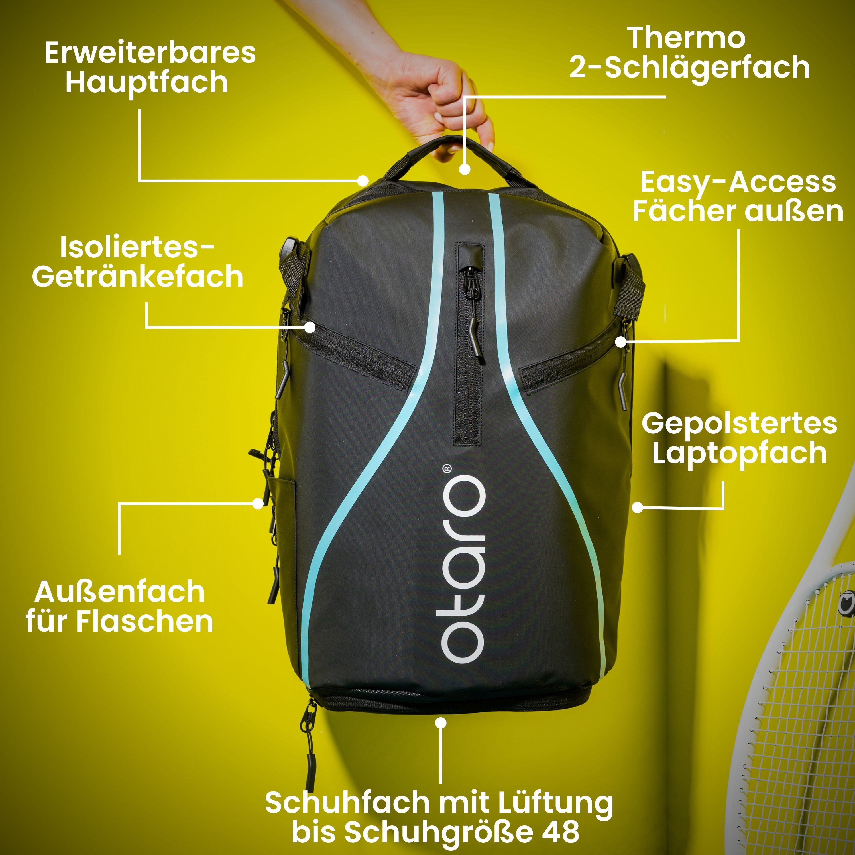 Otaro Tennisrucksack Tennisrucksack Grau gesamte Wäschebeutel, durchdacht, Reflektierend für Schwarz Pro Tennis Perfekt mit + für Schuhfach Ausrüstung, mit Badminton) Regenschutz (Für + Schläger, die 42L 2