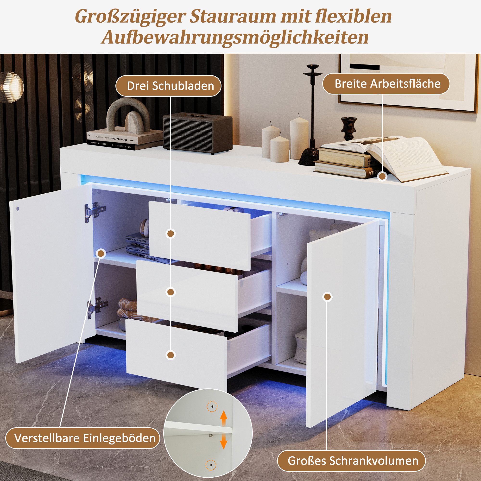MODFU Sideboard Sideboard (Kommode, Anrichte, Wohnzimmerschrank, 1 St., mit 3 Schubladen,2 Türen), 140*40*65cm