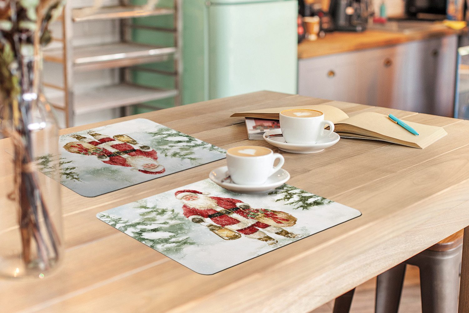 MuchoWow Platzset Weihnachtsmann - Winter - Schnee - Weiß - Rot, (6-St), Platzsets, Tischset, Abwaschbar, Tischsets, Platzdeckchen
