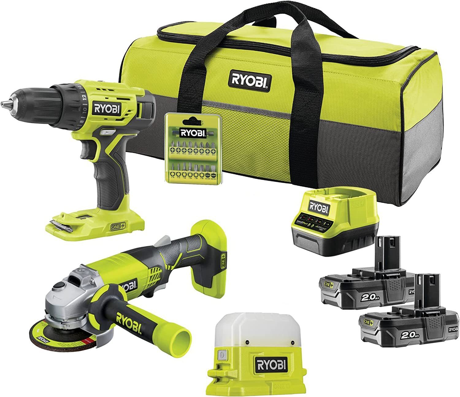 Ryobi Elektrowerkzeug-Set 18V ONE+ RCK183D-120S inkl. Werkzeugtasche, Spar-Set, 8-tlg., Akku-LED-Leuchte RLC18-0 Bit-SET RAK17SD 2x 2,0 Ah Akkus 18V RB18L20