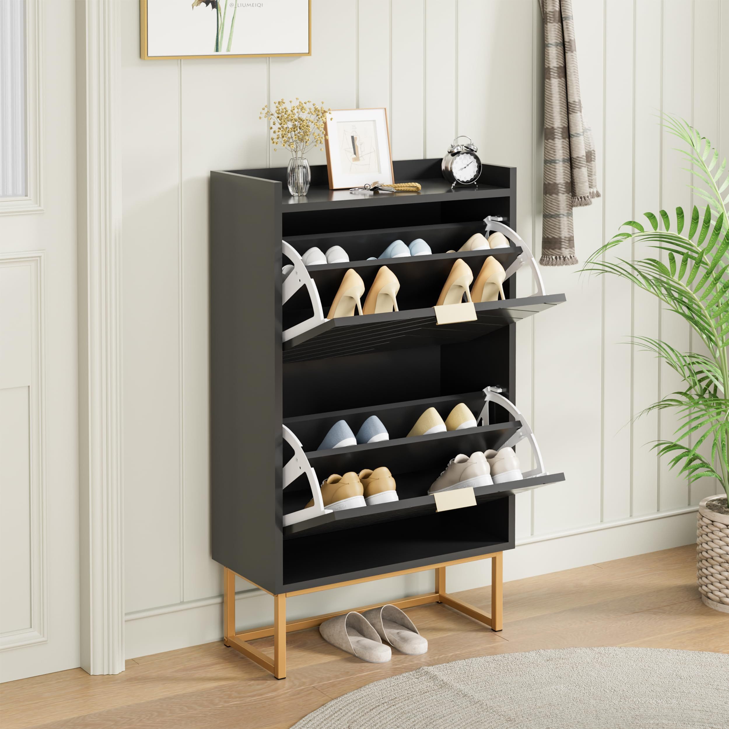 UEV Schuhschrank mit 2 Klappen, Schuhkipper Schmal, Schuhregal mit Metallfüße (50 x 24 x 103,5cm Modern Schuhaufbewahrung mit Oberplatte, Schuhkommode,Anti-Kipp-Vorrichtung für Eingangsbereich) trennwände verstellbar und abnehmbar für verschiedene Schuhtypen