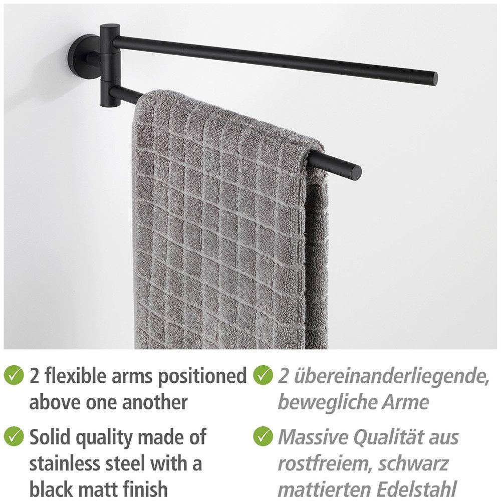 WENKO Handtuchhalter Modell Bosio, 2-armig inkl. Power-Loc® Kleber, aus Edelstahl, Befestigen ohne Bohren