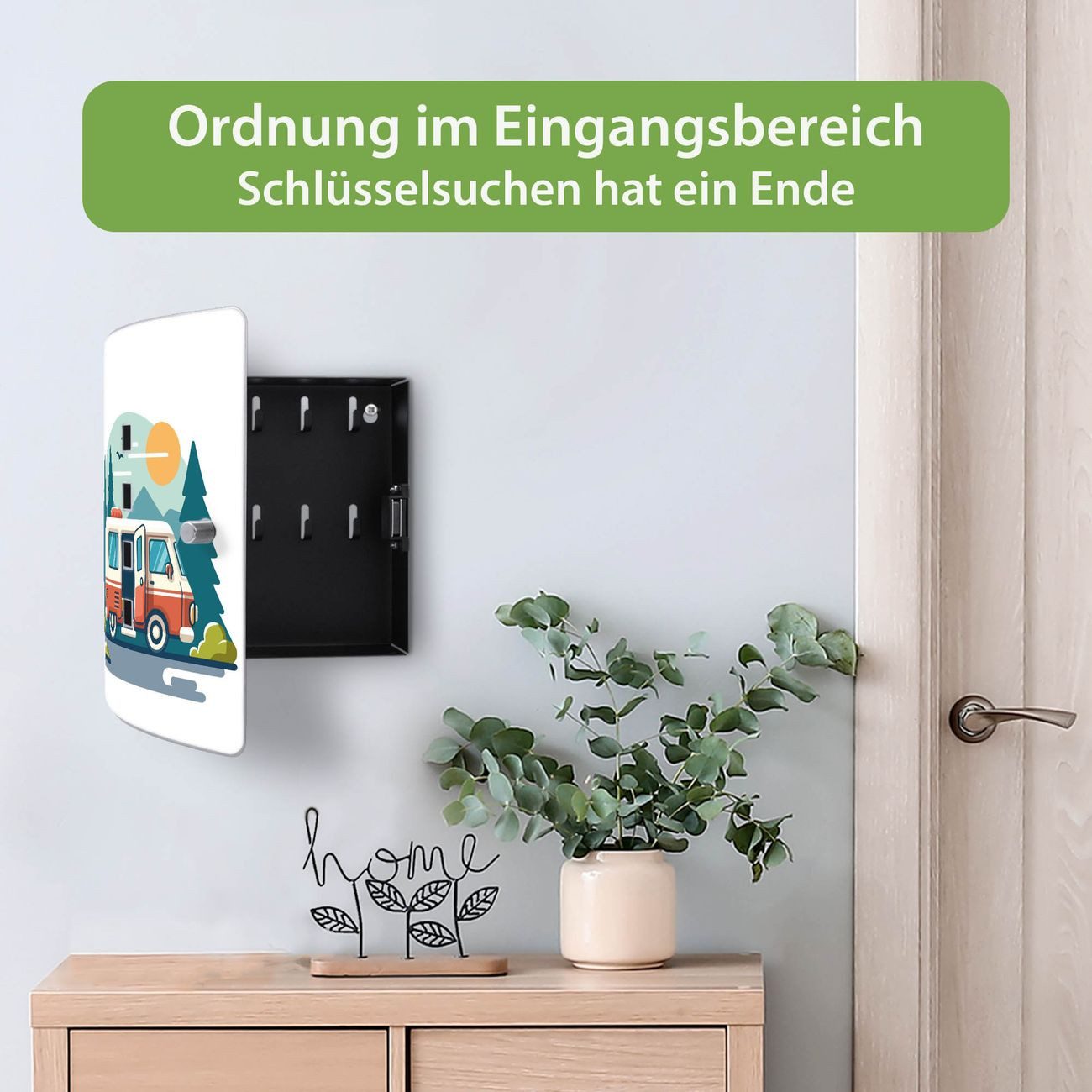 banjado Schlüsselkasten Edelstahl mit Motiv Abenteuer Reise (verstellbarer Magnetverschluss, mit 10 Haken, gebogene Tür, einstellbarer Magnet), 24 x 21,5 x 7 cm