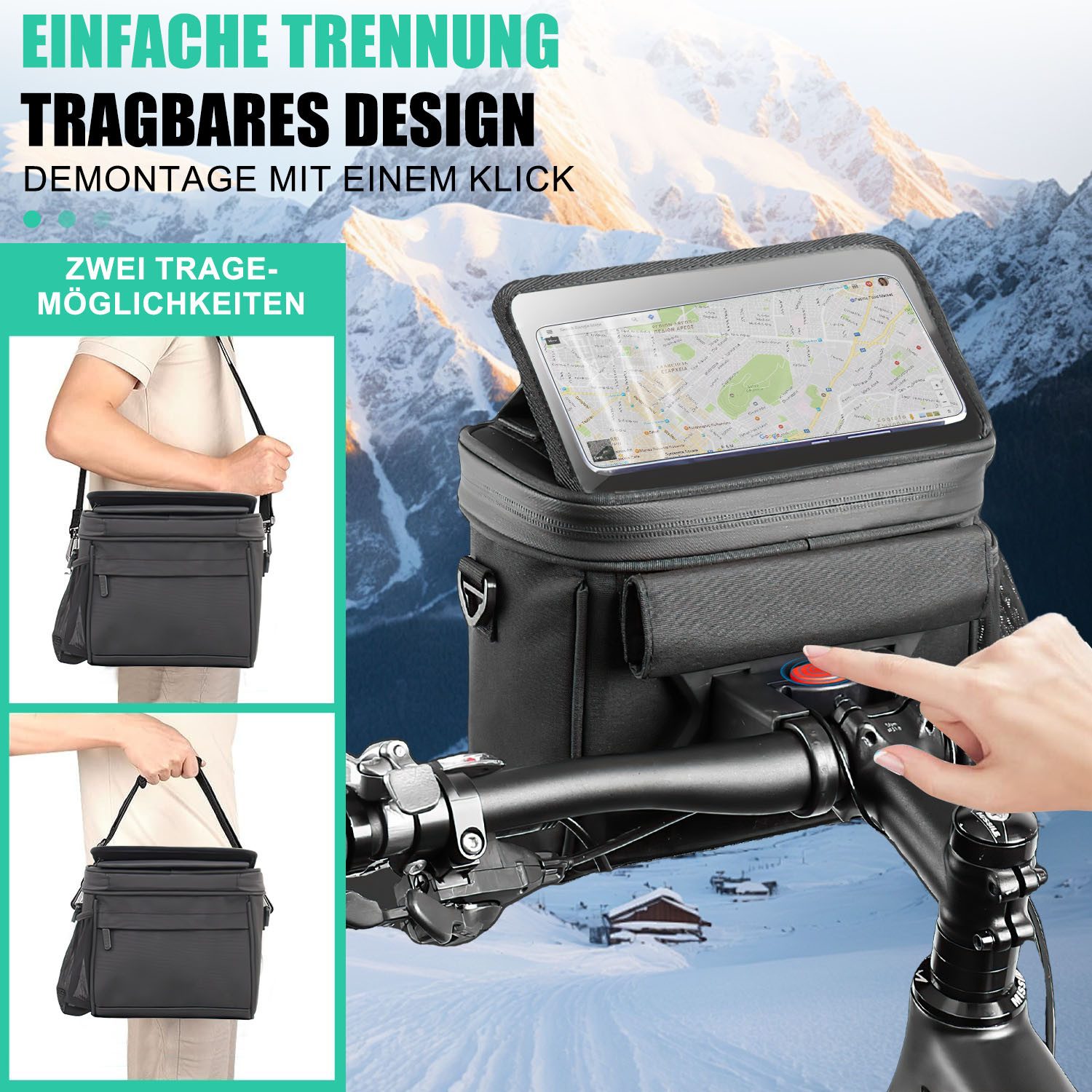 HEYHIPPO Fahrradkorb Lenkertasche, wasserdichter Fahrradkorb mit großem Fassungsvermögen (Umhängetasche Fahrrad Fronttasche, Geeignet für Mountainbikes, Vorderkopf kann Cross-Body sein, schwarz), Doppelreißverschluss fahrradtasche vorne 20,6 x 18,3 x 12,5 cm