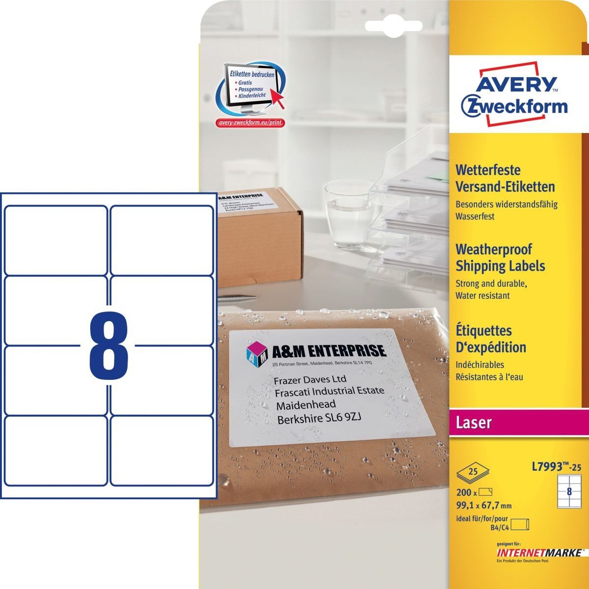 Avery Zweckform Etiketten Versand-Etiketten 99,1x67,7 mm 25 Blatt/200 Etiketten weiß